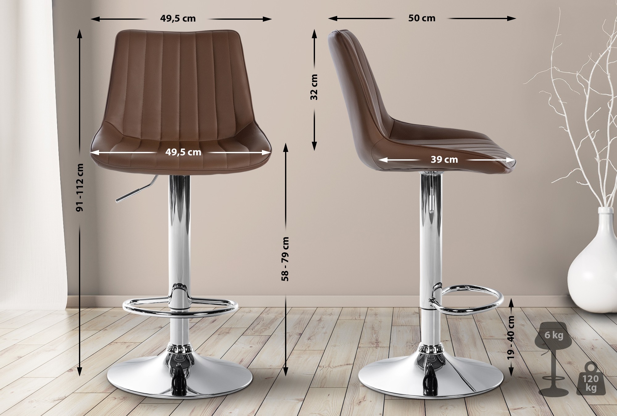 Tabouret de bar Toni en Similicuir Pied en Métal réglable pivotant