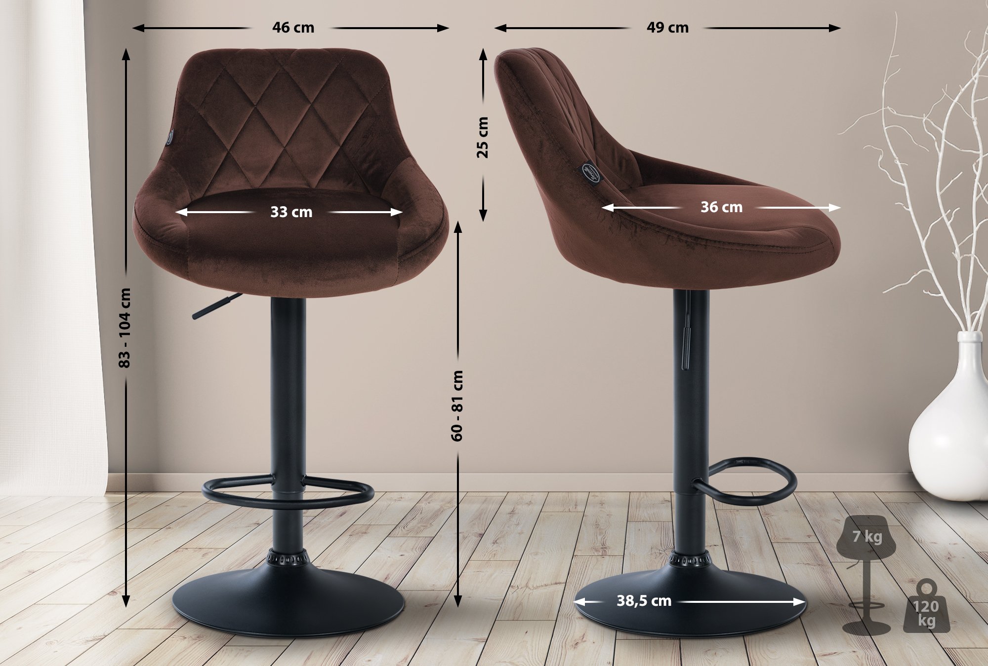 Lot de 2 tabourets de bar Lazio velours