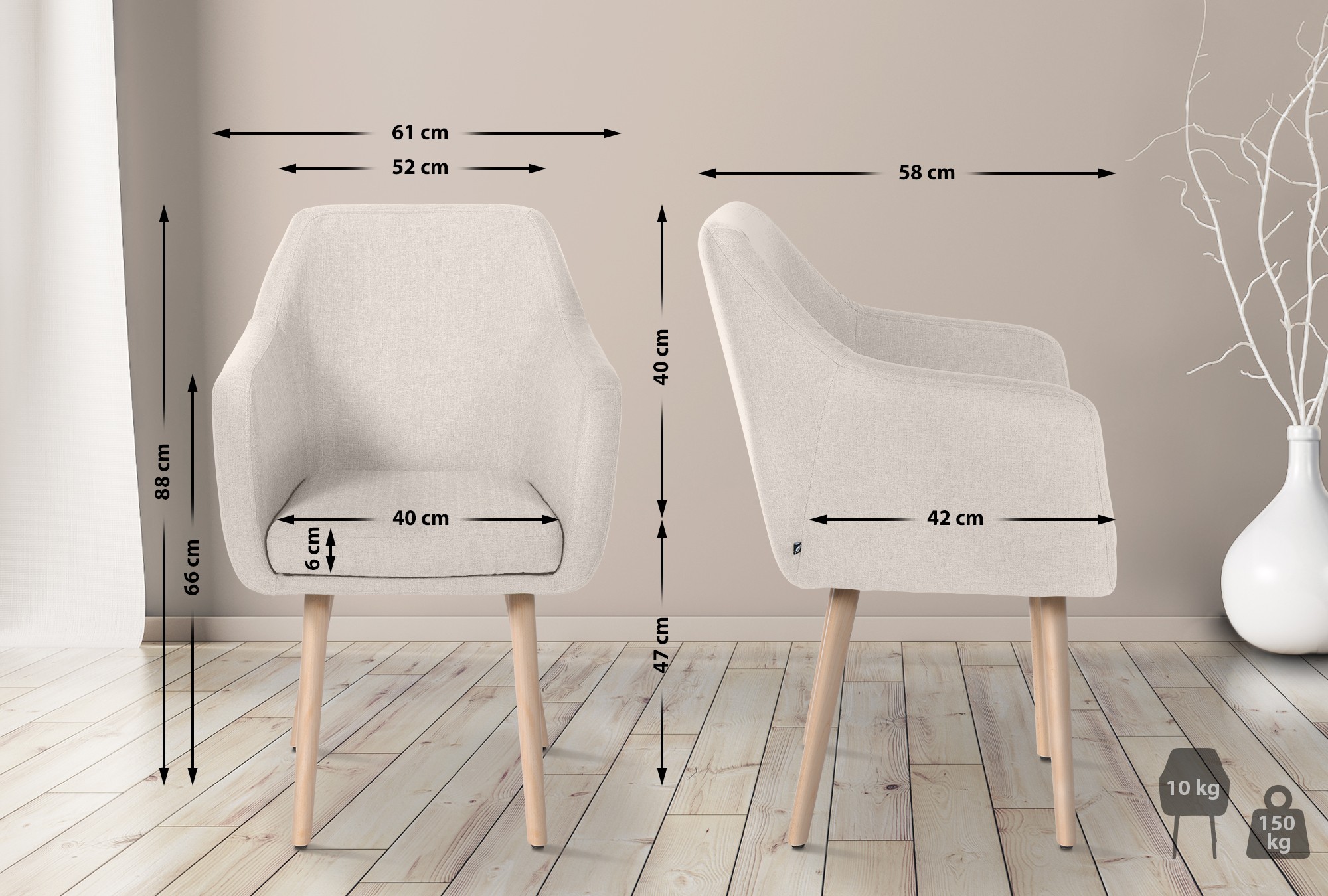 Chaise de salle à manger Utrecht en tissu avec pieds en bois