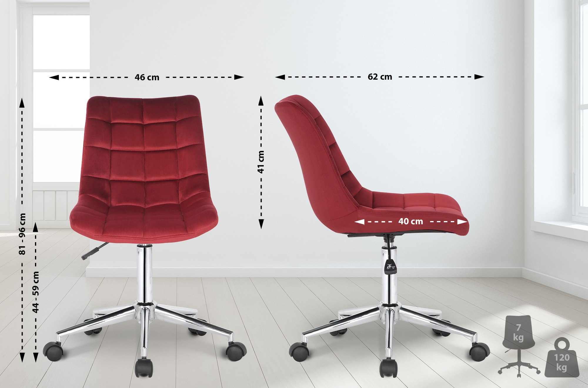 Chaise de bureau pivotant Medford en Velours avec Hauteur ajustable et Roulettes