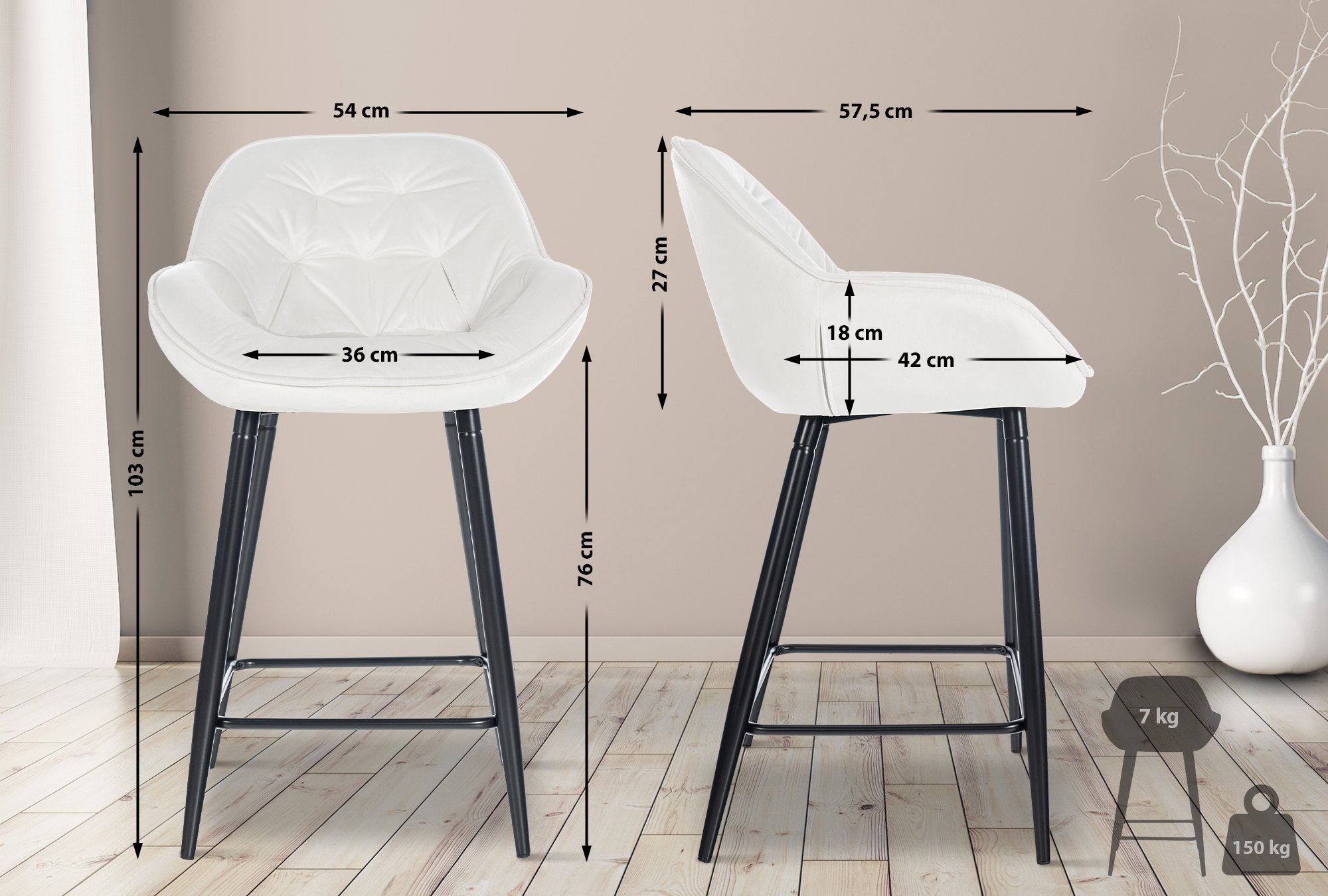 Tabouret de bar Gibson velours hauteur d'assise 76 cm