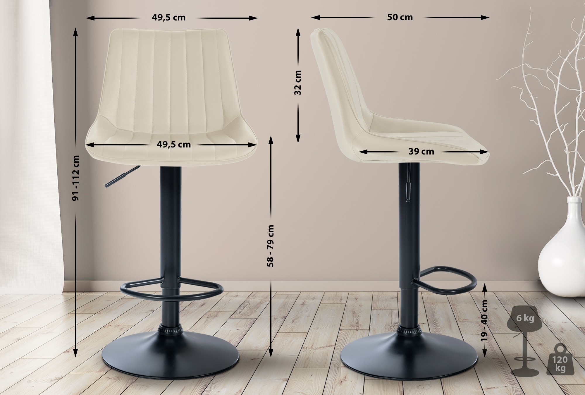 Tabouret de bar Toni en Similicuir Pied en Métal réglable pivotant
