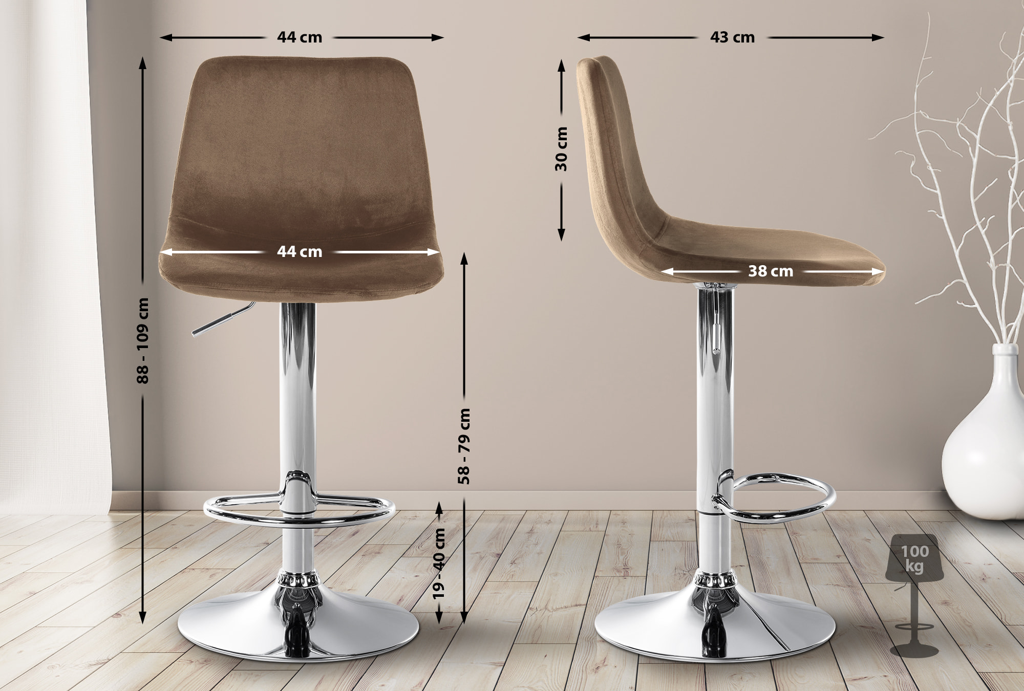 Tabouret de bar Divo en Velours Pied trompette en Métal
