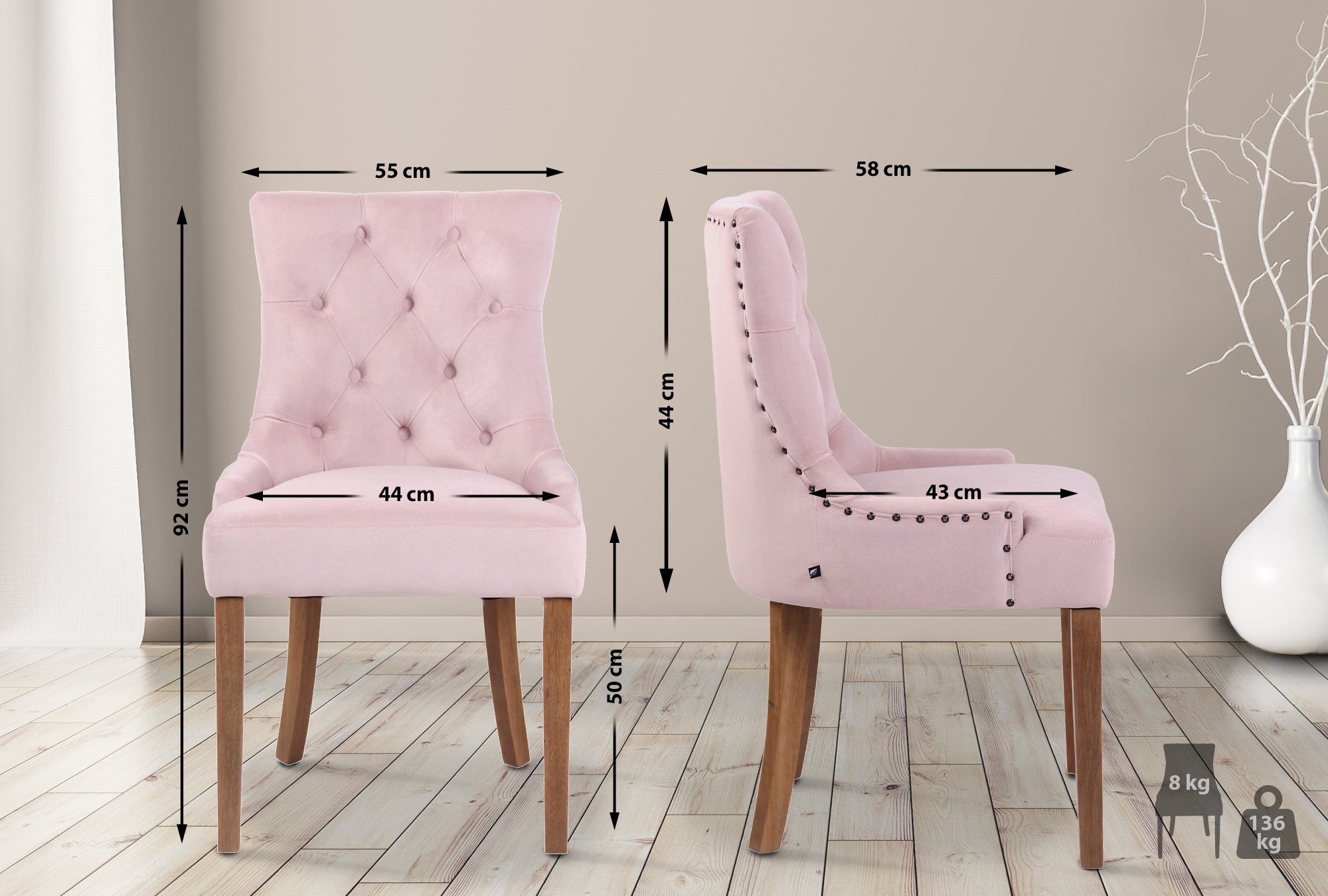 Lot de 4 Chaises de salle à manger Aberdeen en Velours Piètement en bois d'hévéa