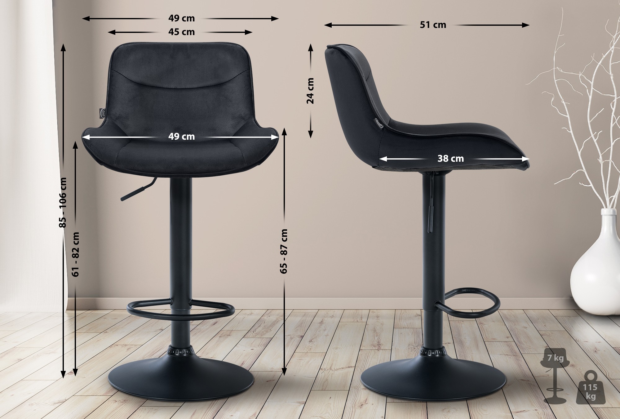 Lot de 2 tabourets de bar Vonore velours