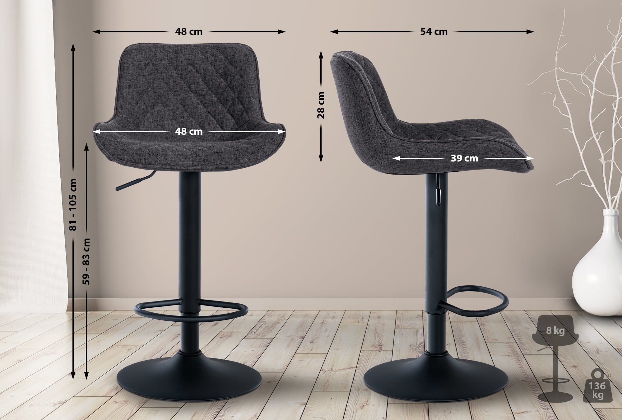 Lot de 2 Tabourets de bar Minosa réglables et pivotants