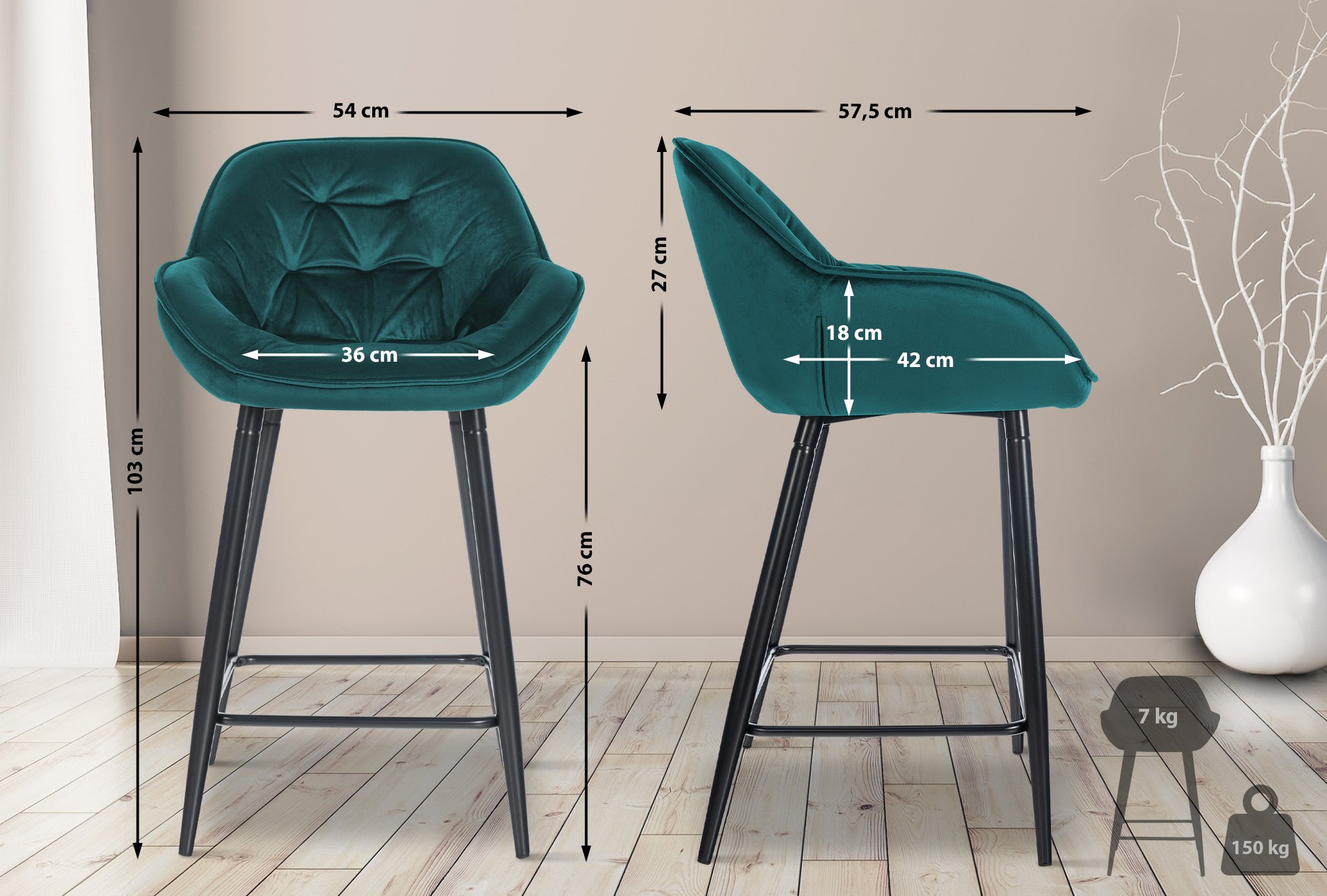 Tabouret de bar Gibson velours hauteur d'assise 76 cm