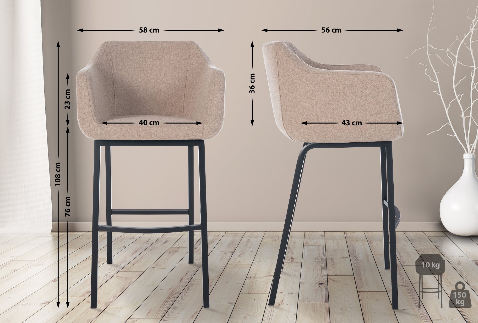 Tabouret de bar Monea feutre avec piètement à quatre pieds