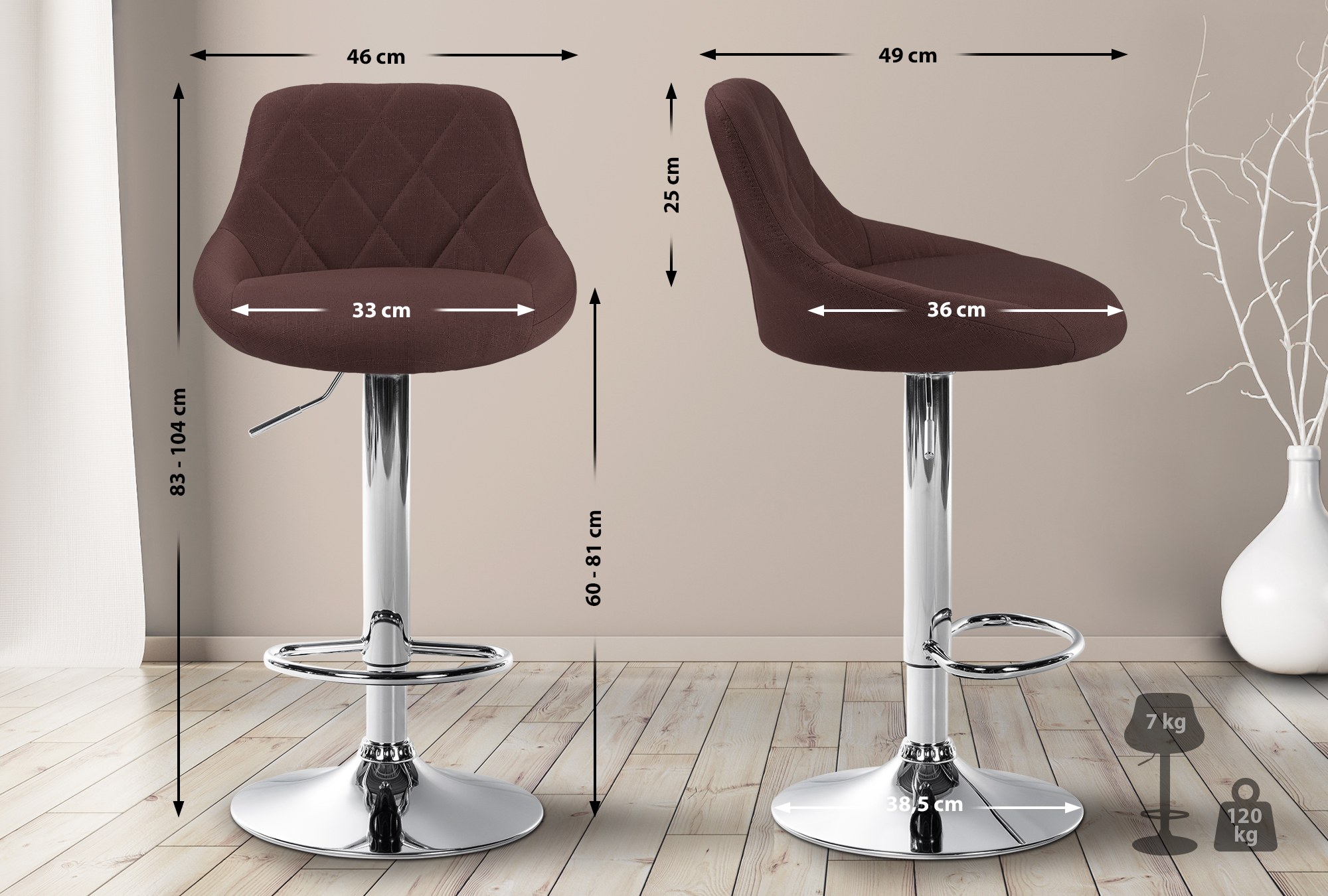 Tabouret de bar Lazio en Tissu Hauteur réglable siège pivotant