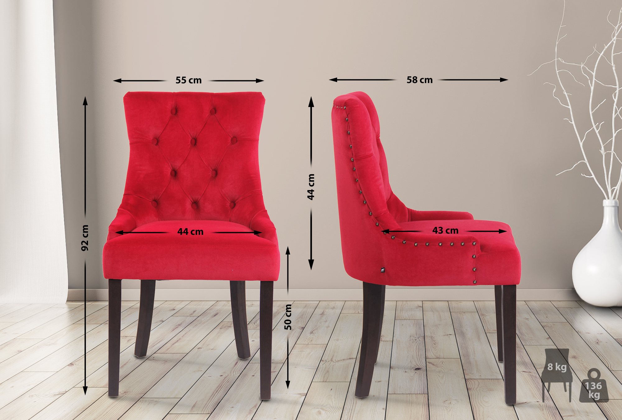 Lot de 4 Chaises de salle à manger Aberdeen en Velours Piètement en bois d'hévéa