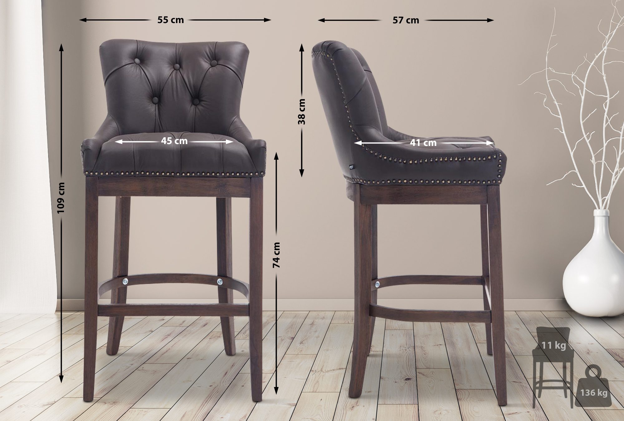 Tabouret de bar Lakewood antique-foncé cuir véritable