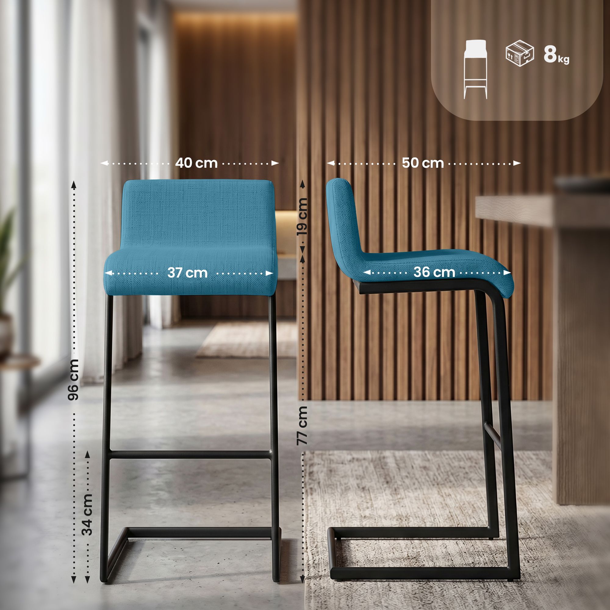 Lot de 2 Tabourets de Bar Newport, Piétement Métallique Noir