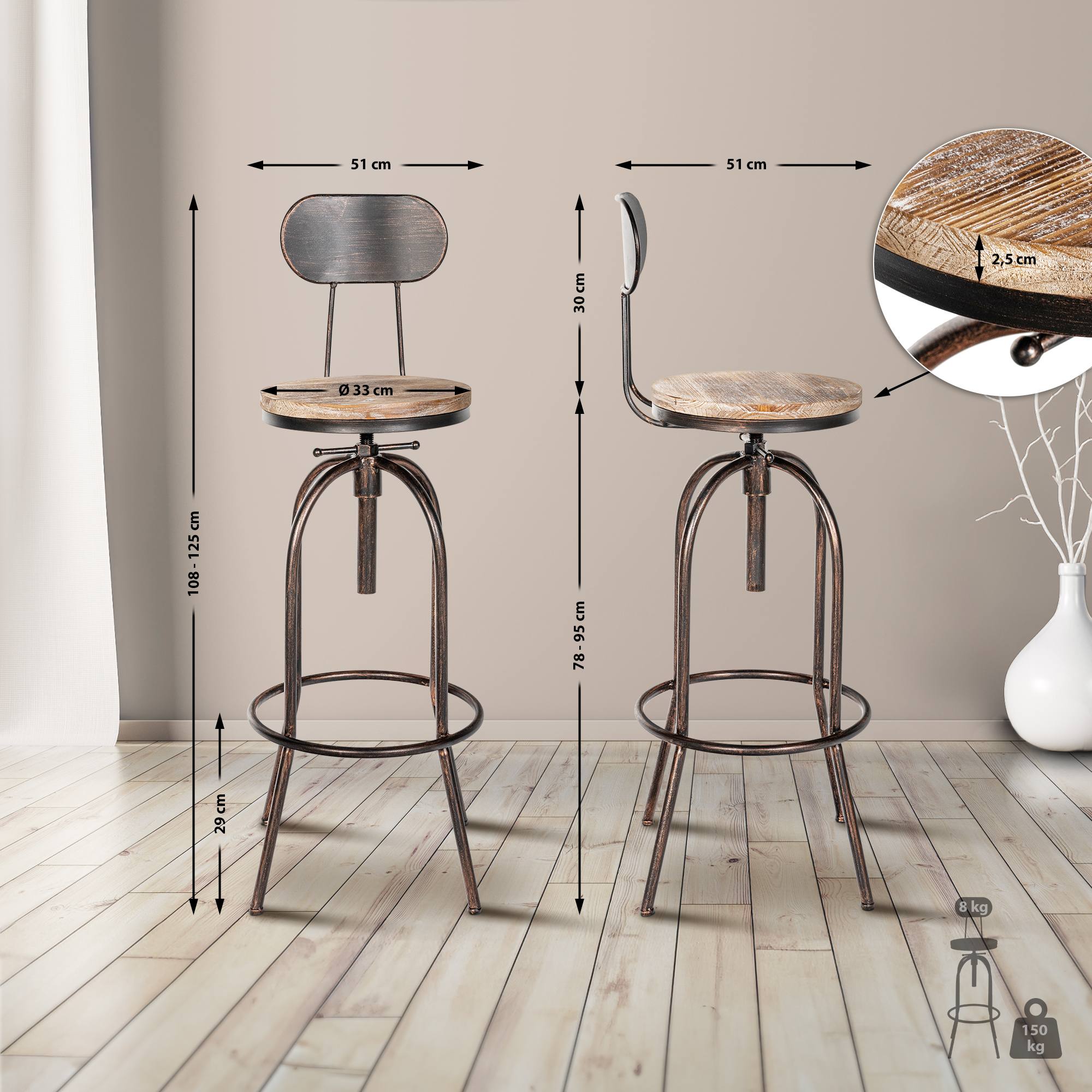 Lot de 2 tabourets de bar Pino