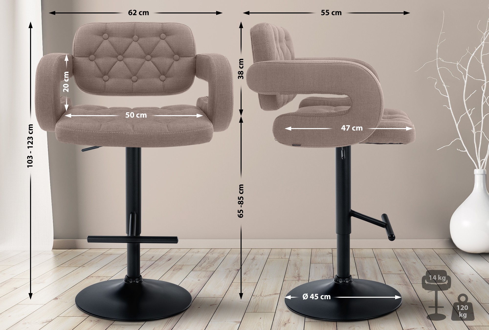 Tabouret de bar Dublin Tissu avec pied en métal