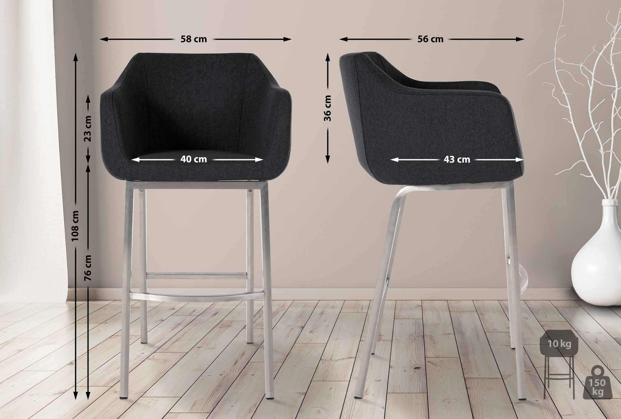 Tabouret de bar Monea feutre avec piètement à quatre pieds