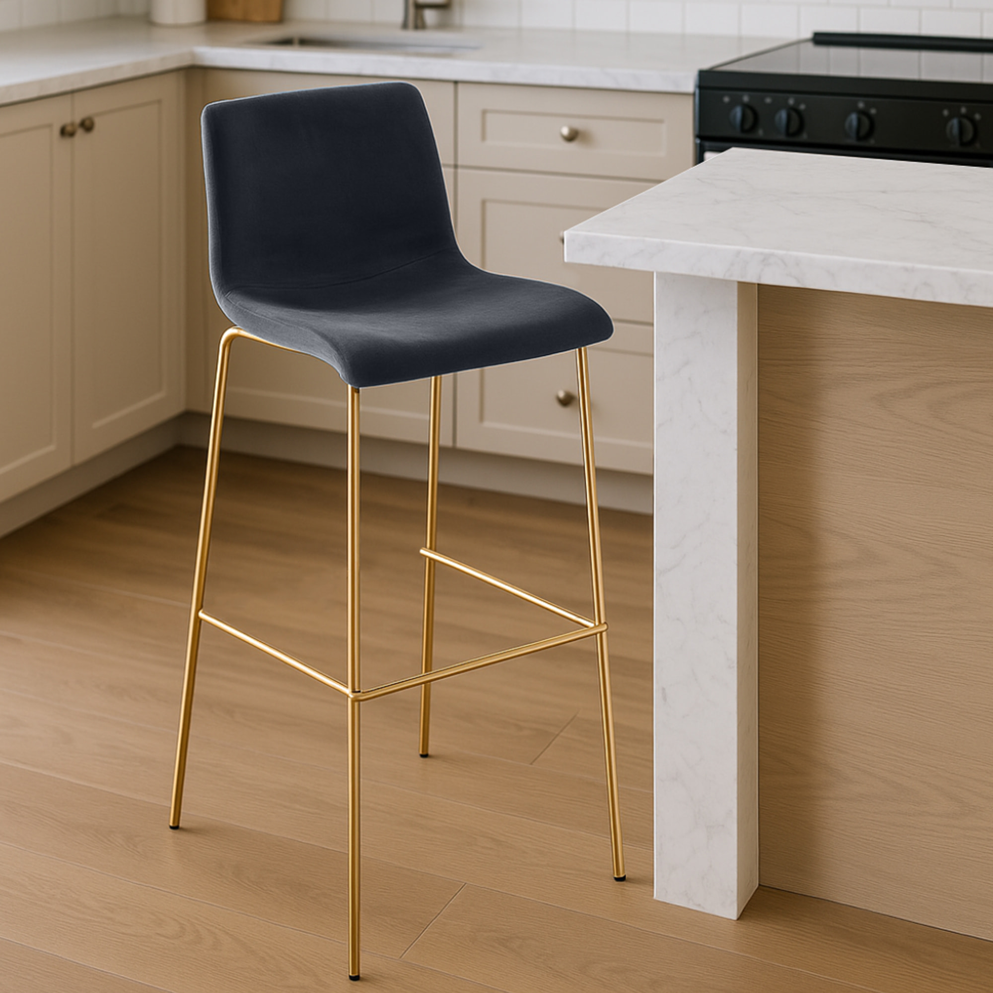 Tabouret de bar Hoover velours piètement 4 pieds or