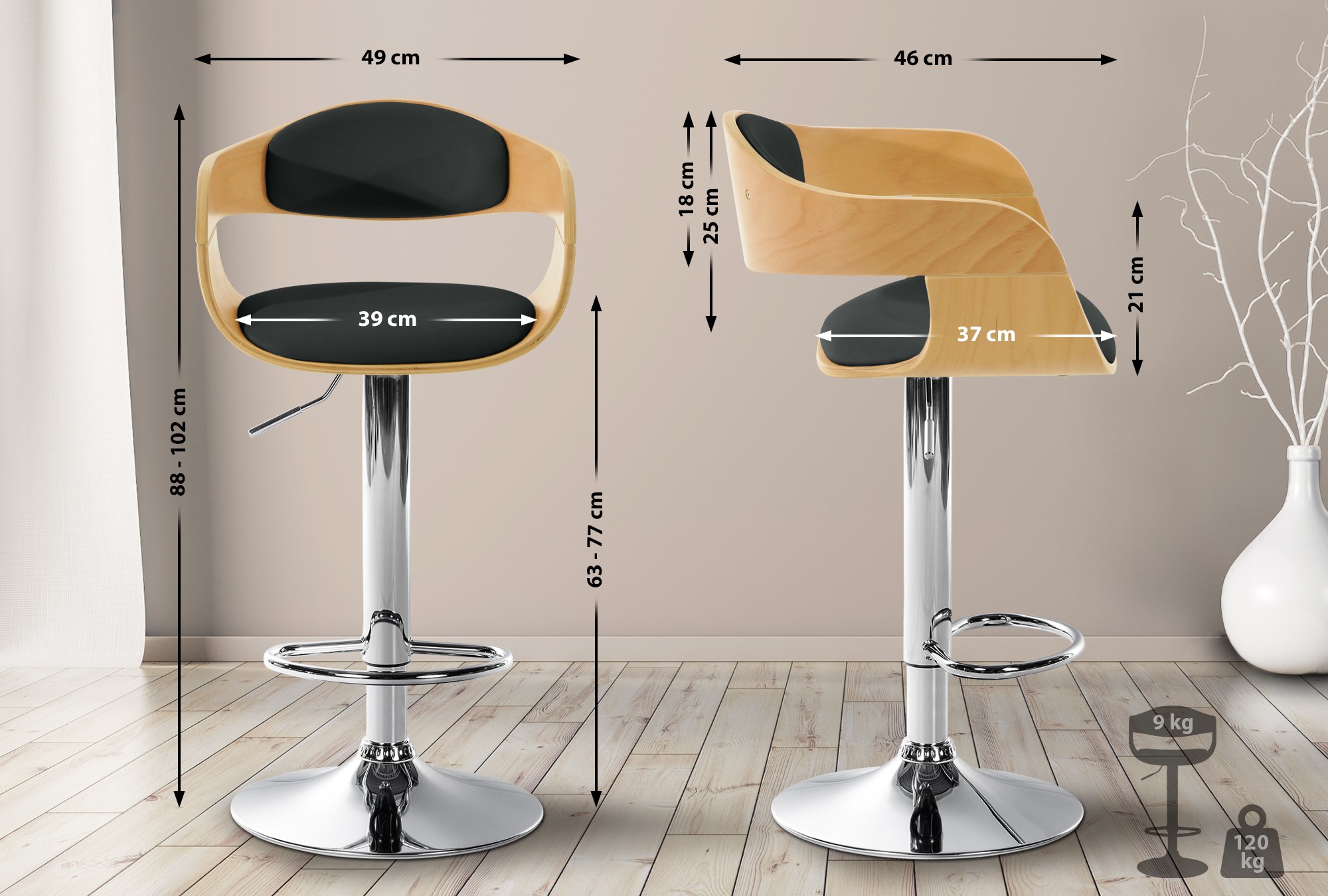 Tabouret de bar Kingston avec Coque en bois Assise en similicuir