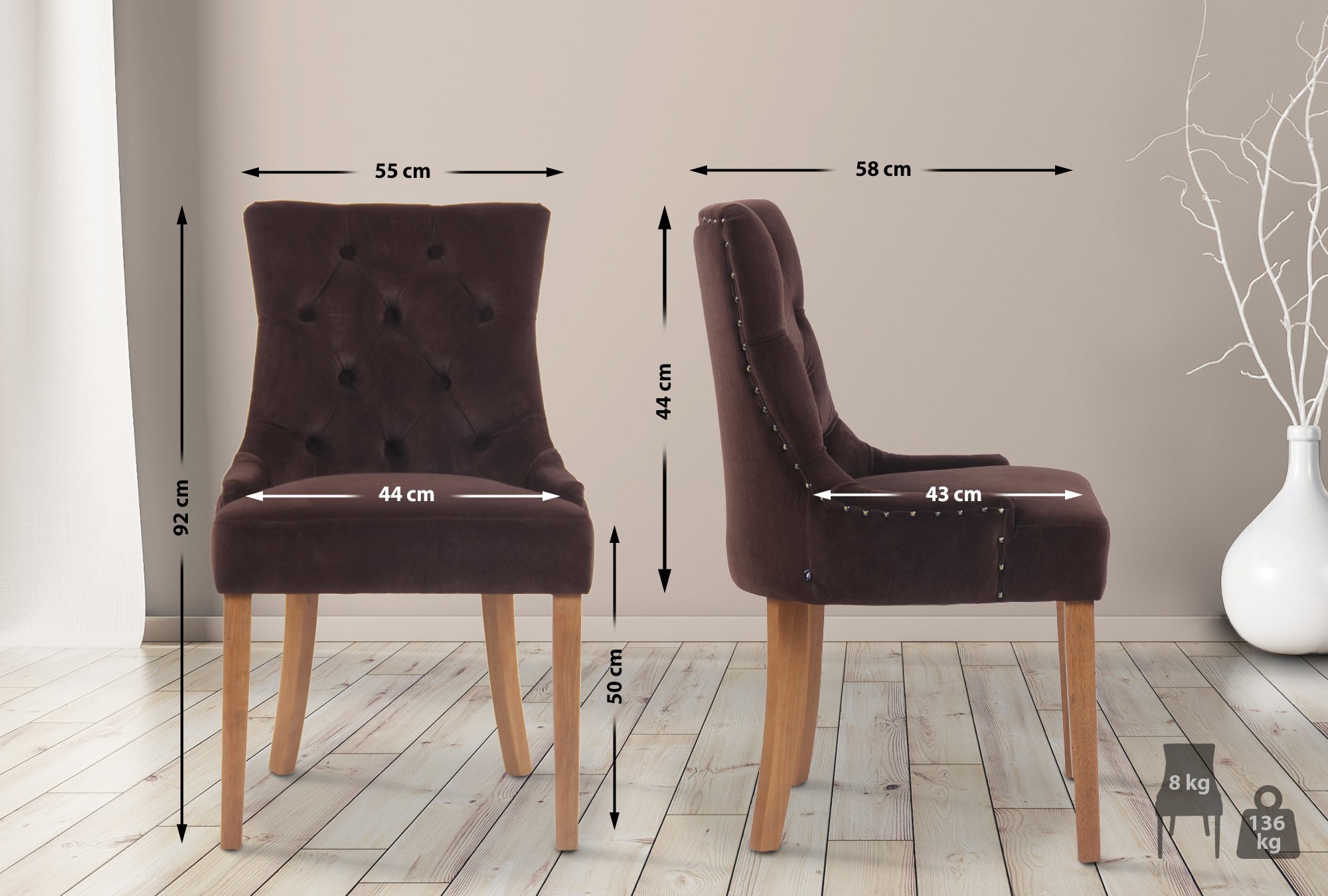 Lot de 4 Chaises de salle à manger Aberdeen en Velours Piètement en bois d'hévéa