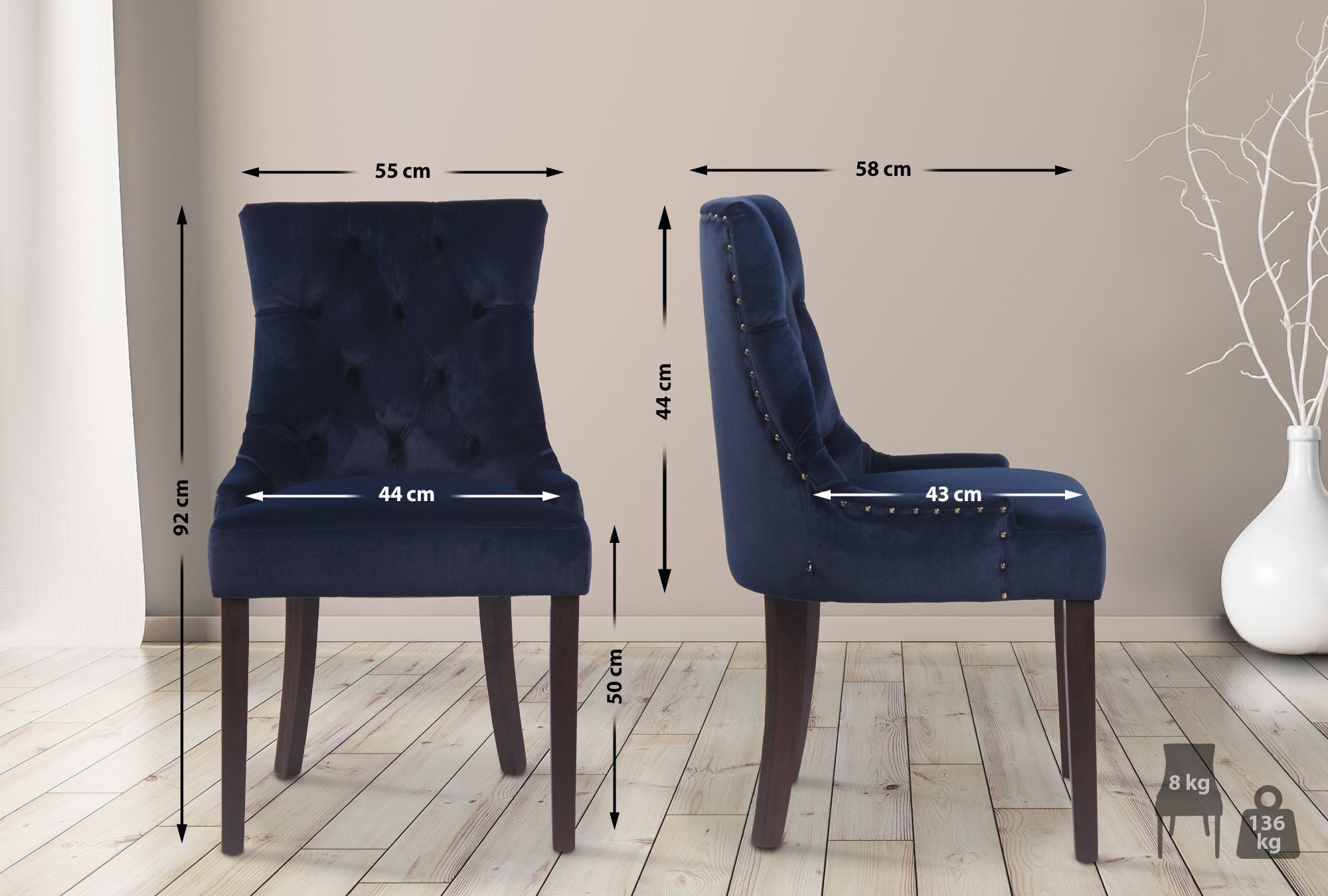 Lot de 4 Chaises de salle à manger Aberdeen en Velours Piètement en bois d'hévéa