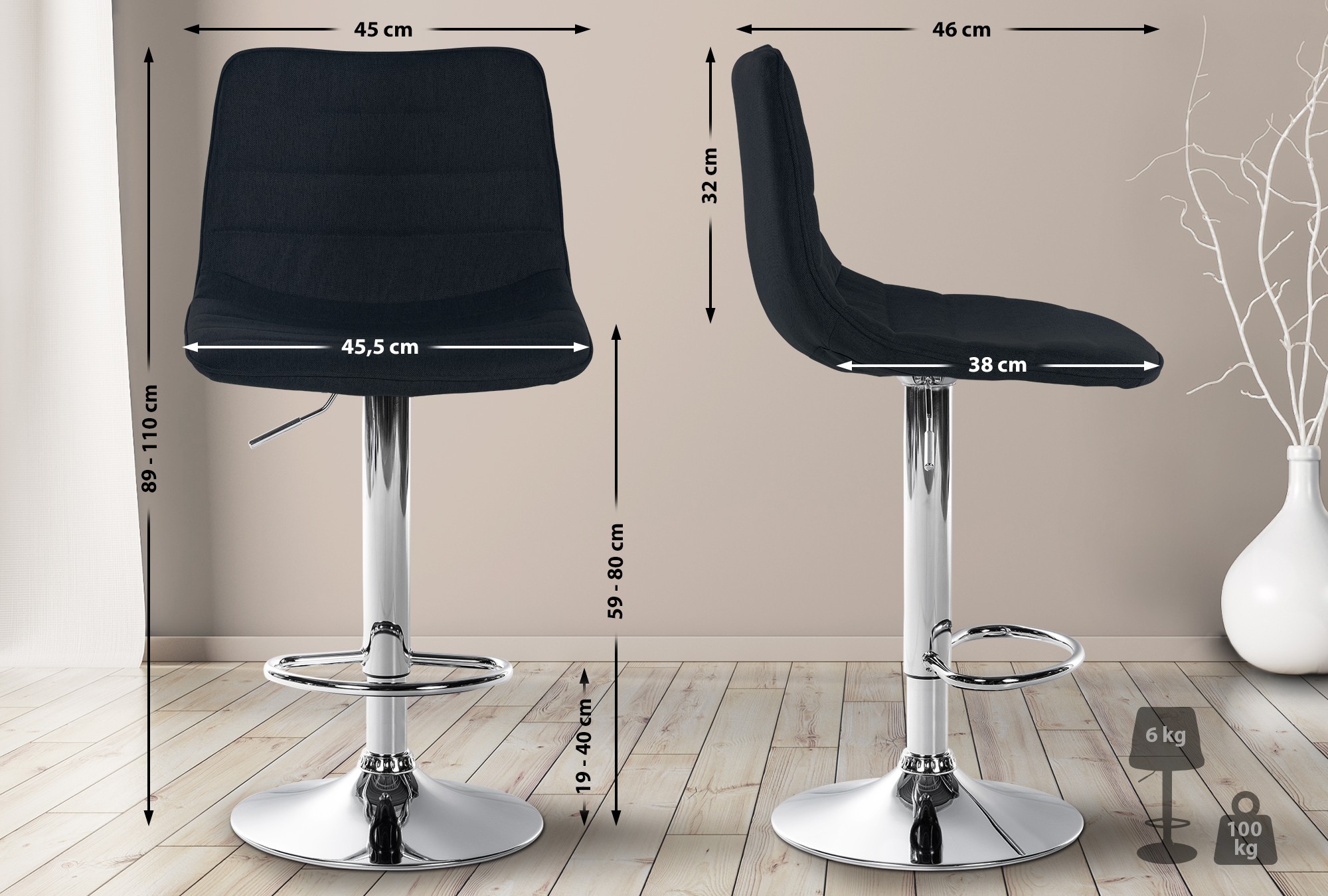 Tabouret de bar Lex en Tissu Pied trompette en Métal