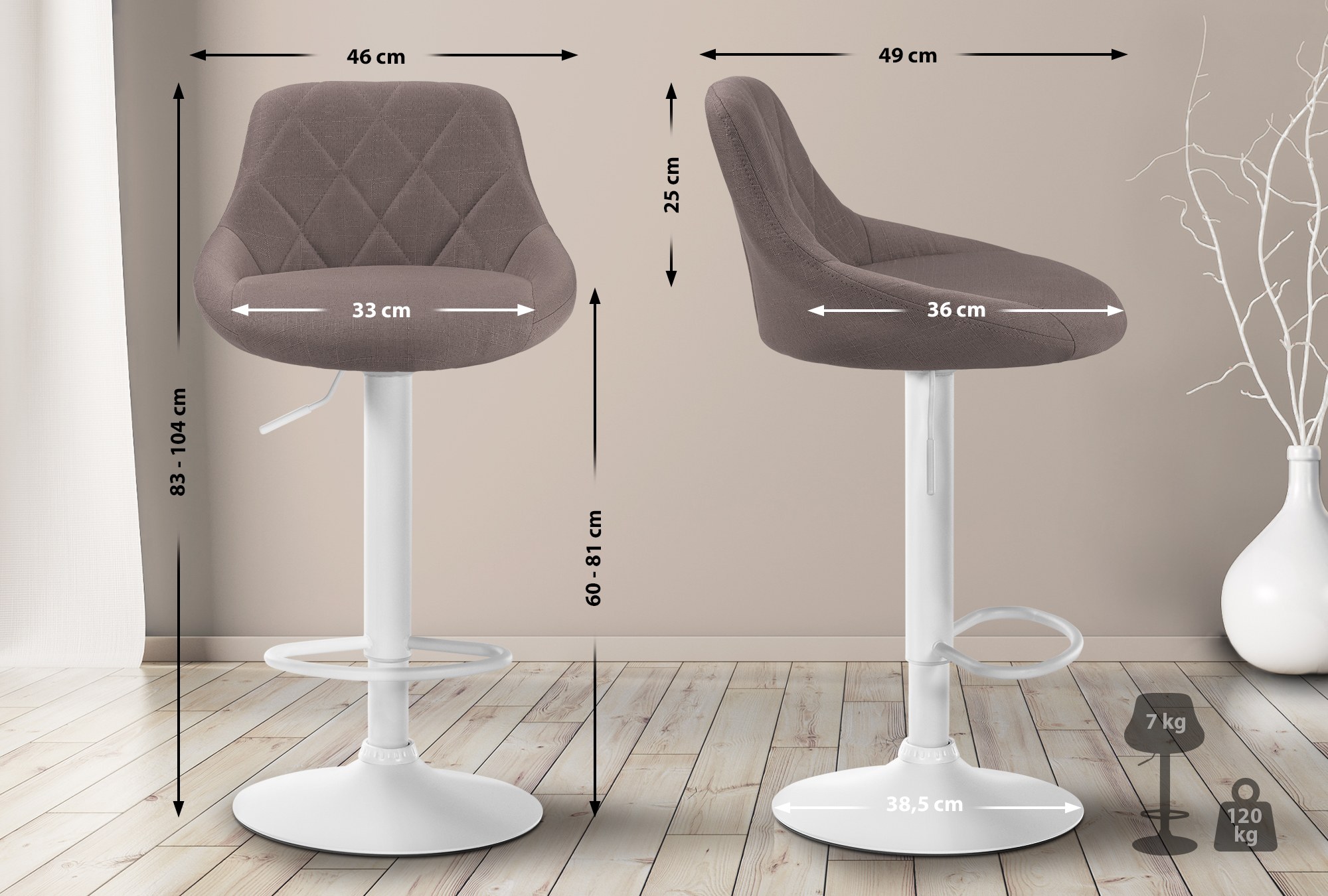 Tabouret de bar Lazio en Tissu Hauteur réglable siège pivotant