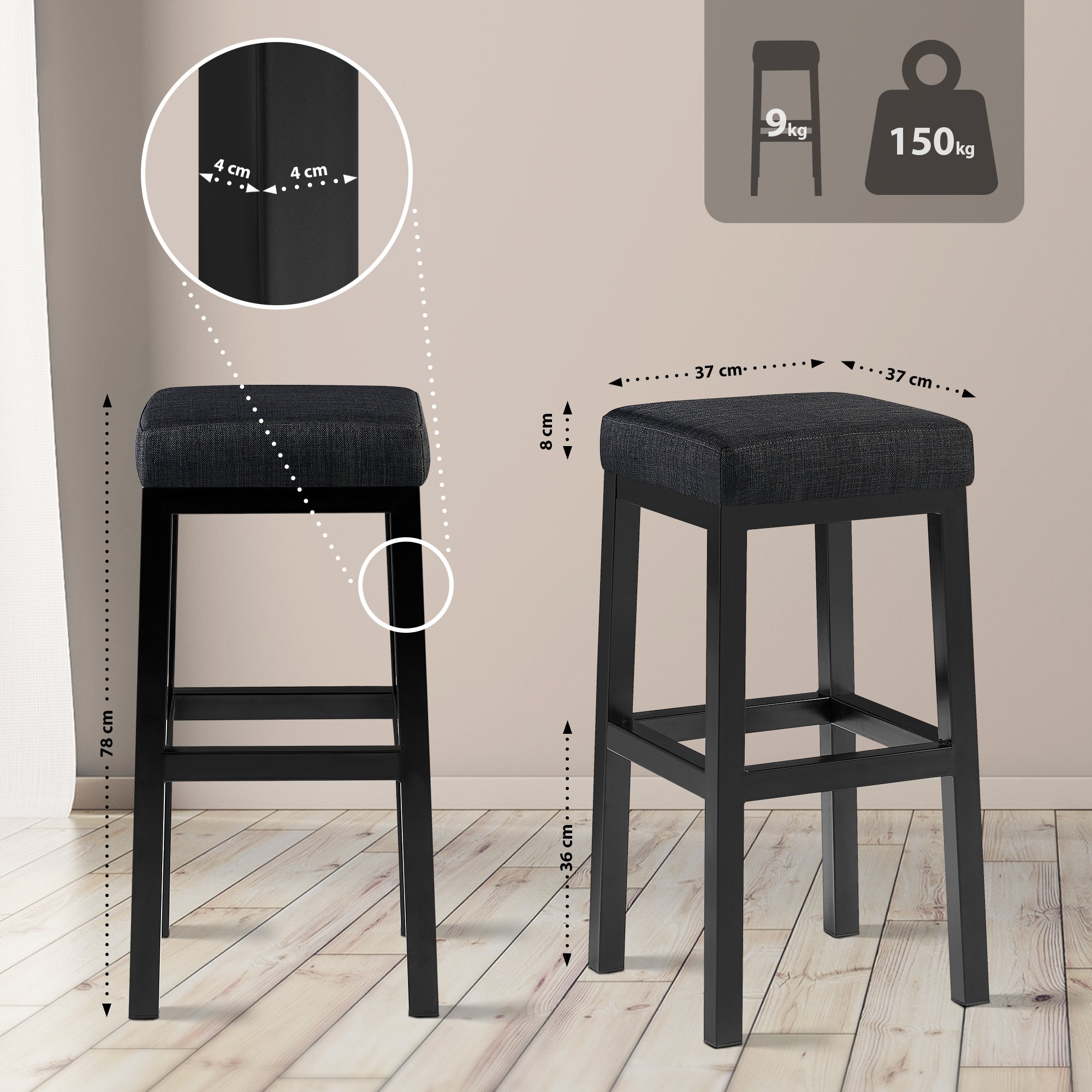 Tabouret de bar Taylor tissu hauteur d'assise 78 cm piètement métal noir