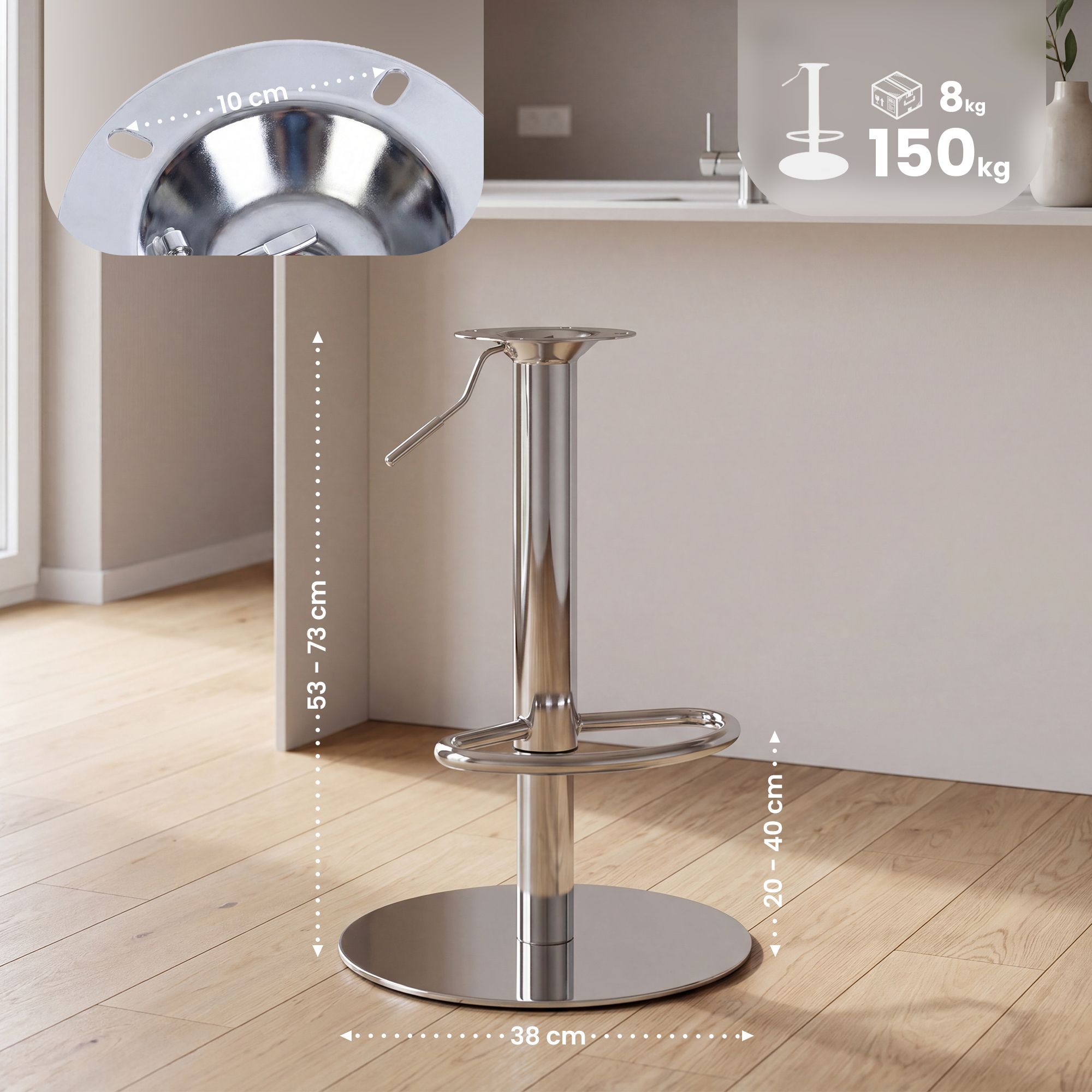 Chassis de rechange pour tabouret de bar, jusqu'a 150 kg, entraxe de perçage 10 x 10 cm