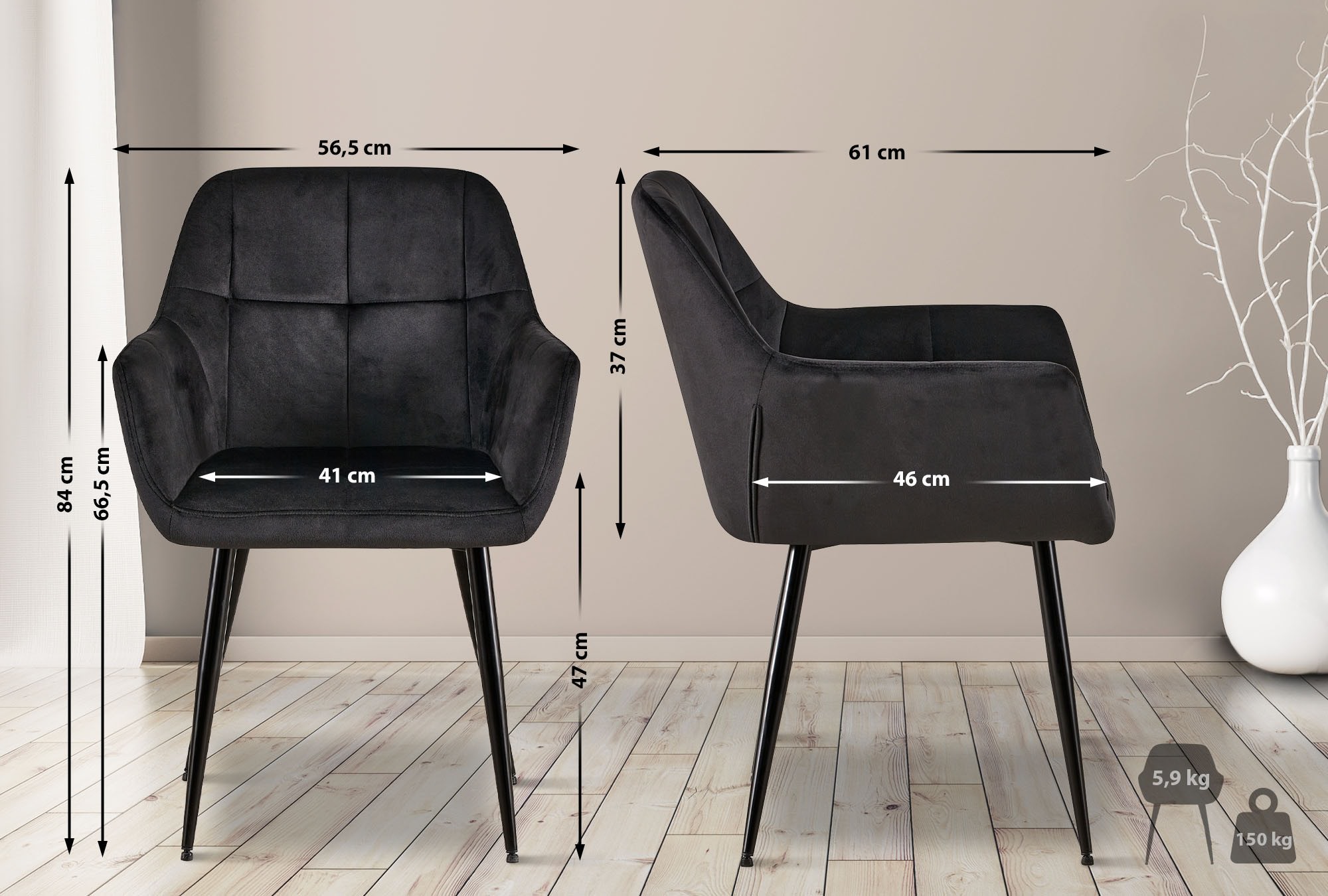 Lot de 2 chaises de salle à manger Emia velours