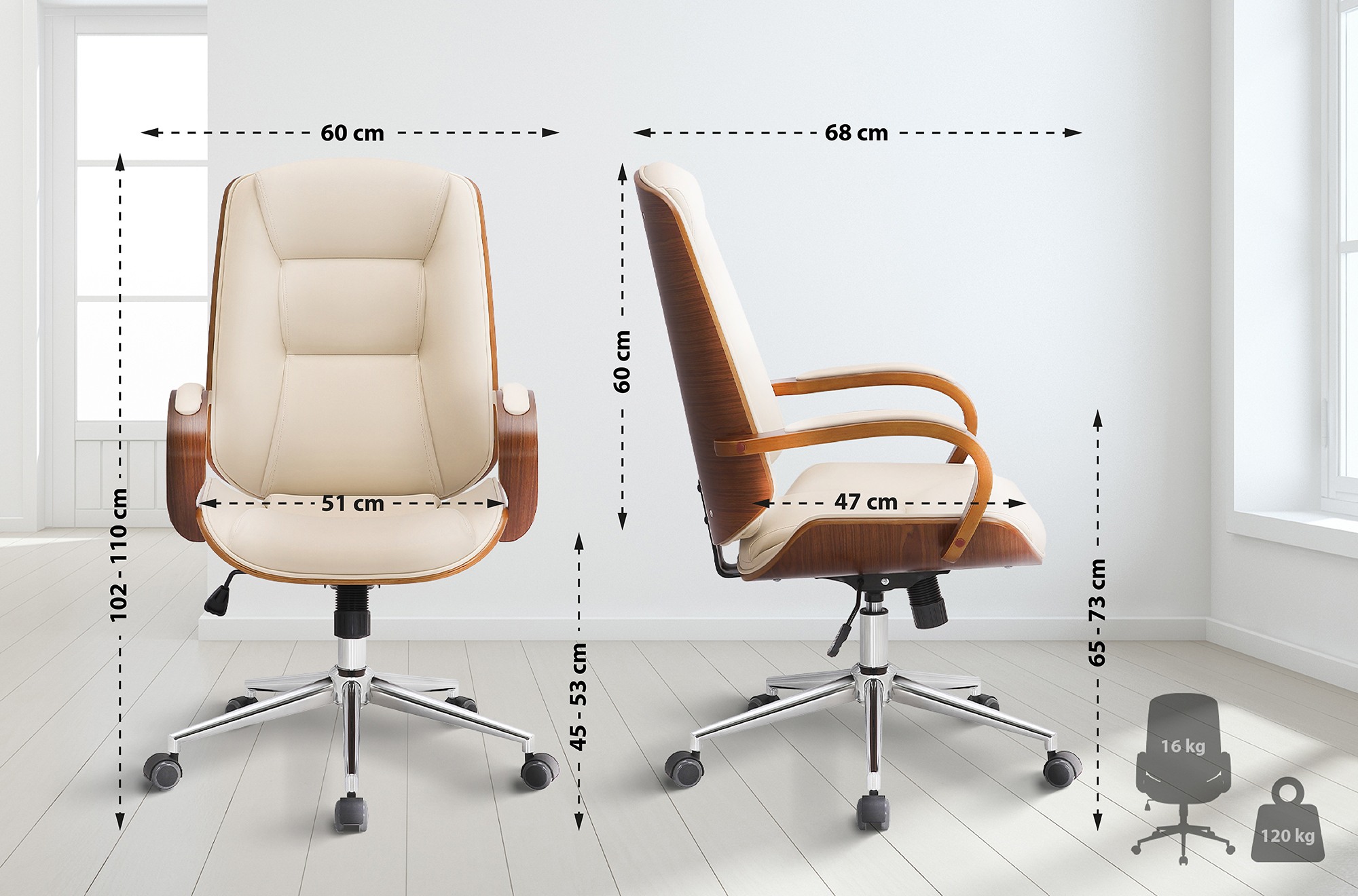 Fauteuil de bureau Yankton en similicuir avec coque de siège en bois