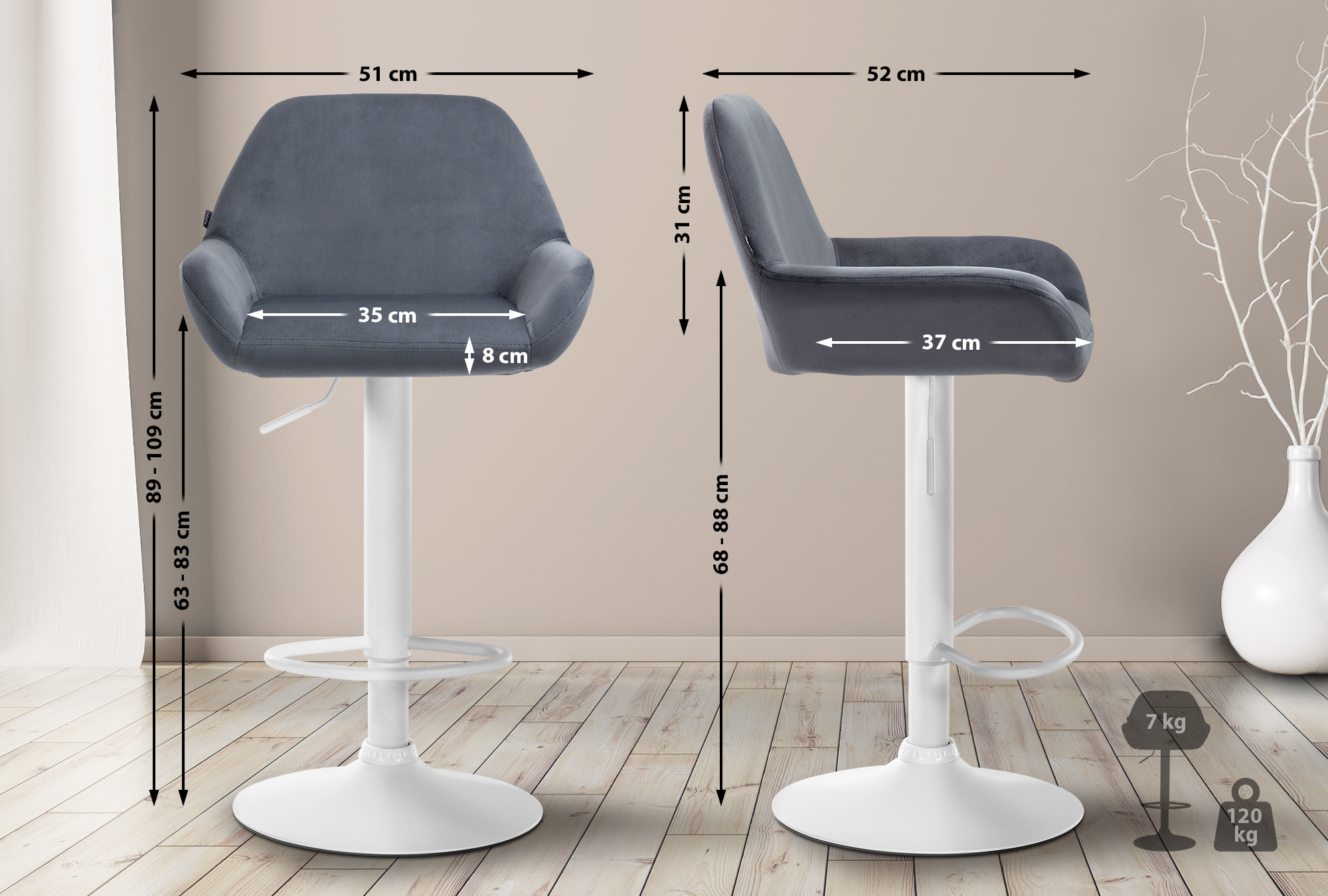 Tabouret de bar Braga Velours avec pied en métal réglable et pivotant