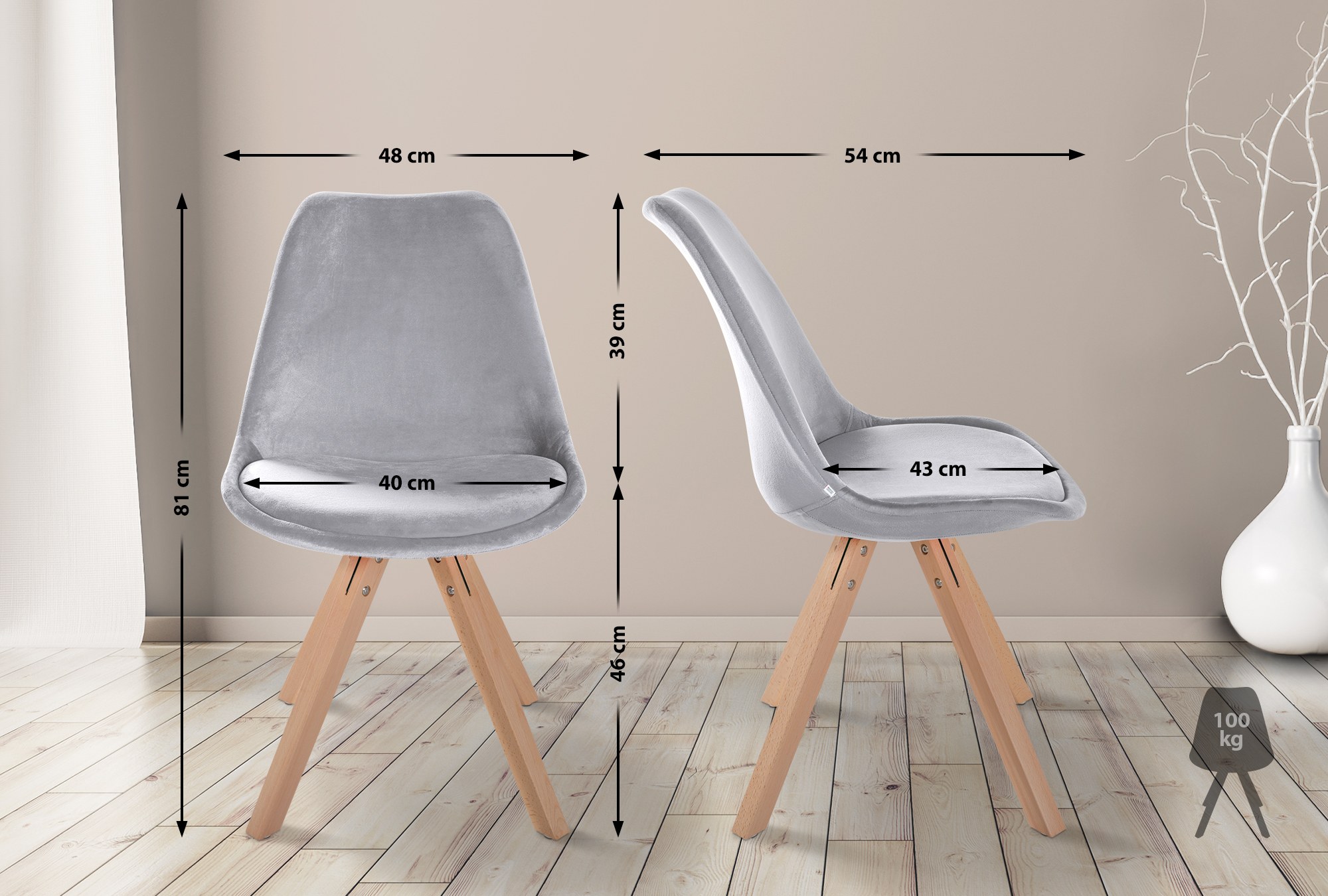 Lot de 4 chaises de salle à manger Sofia en velours Pieds en bois