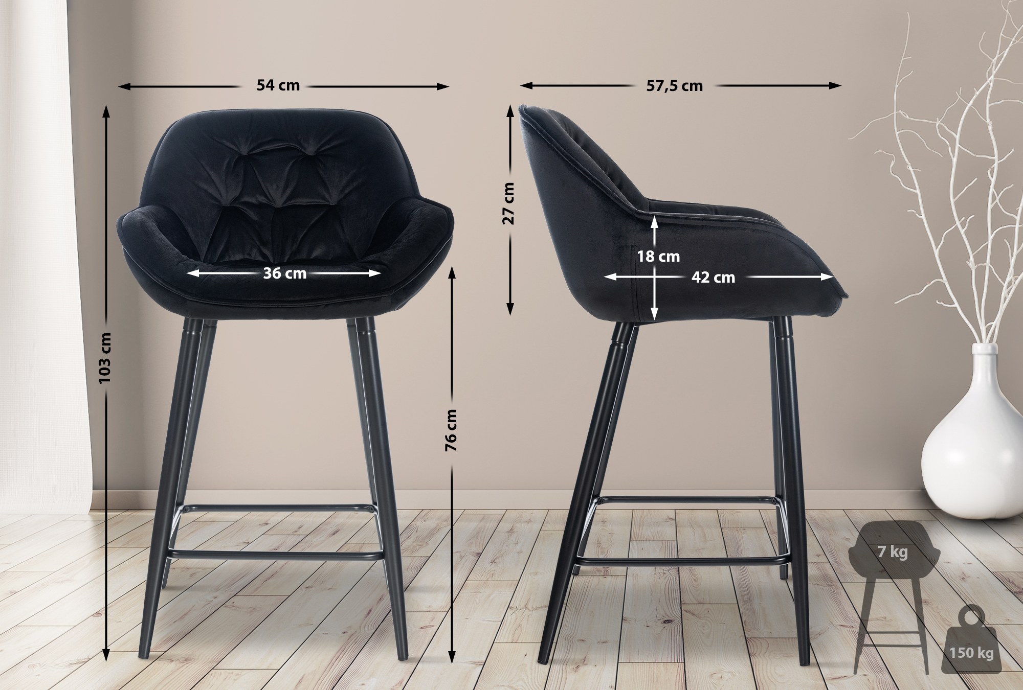 Tabouret de bar Gibson velours hauteur d'assise 76 cm