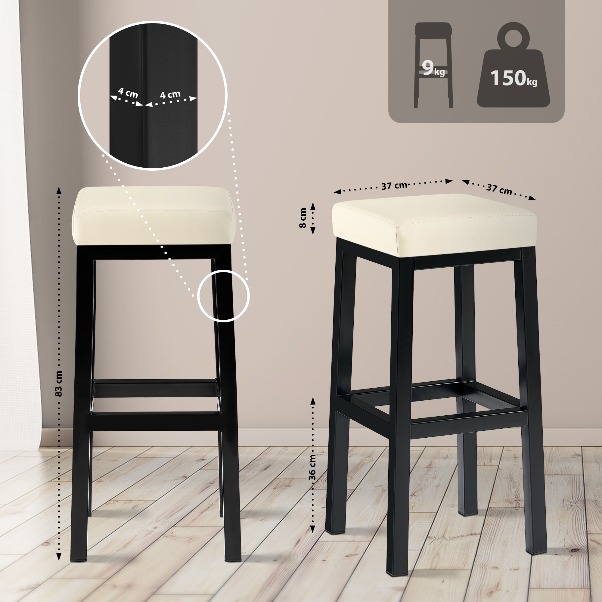 Tabouret de bar Taylor hauteur d'assise 83 cm piètement métal noir