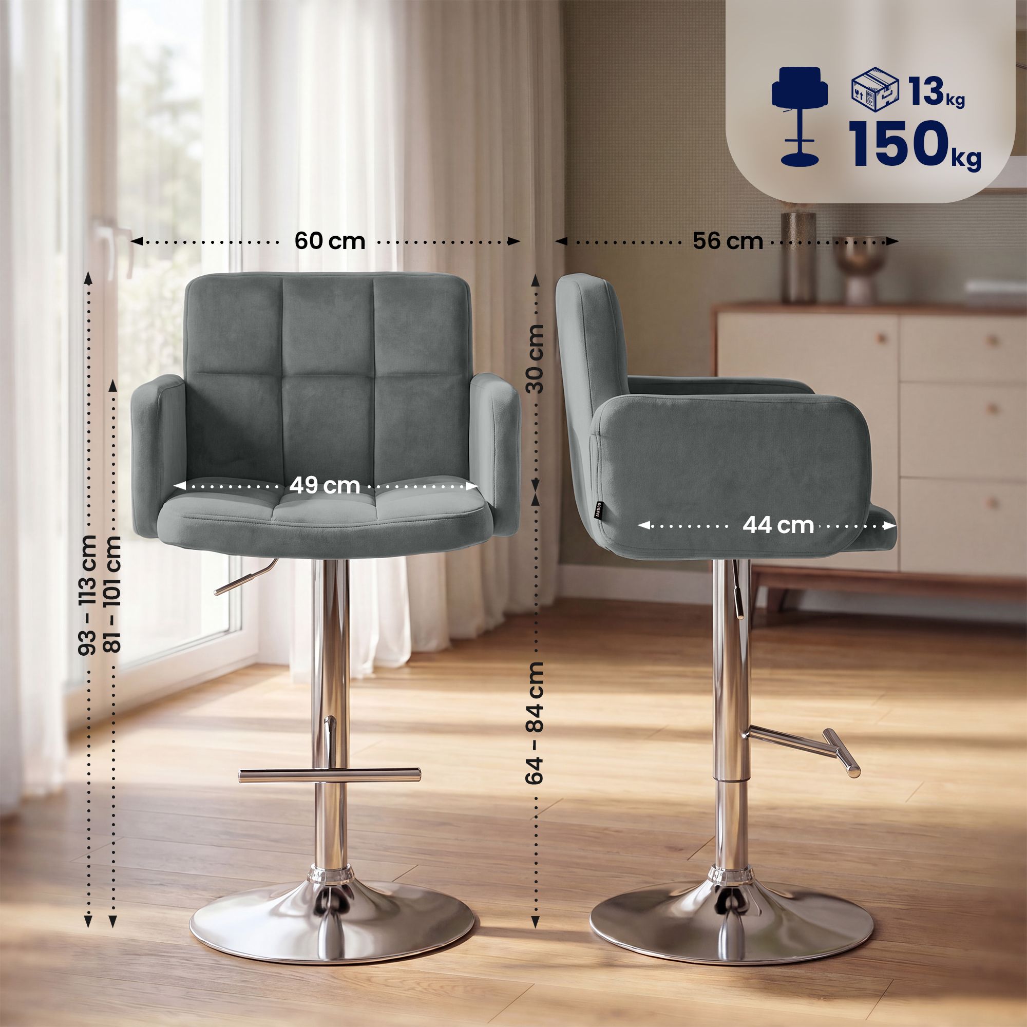 Lot de 2 tabourets de bar Los Angeles velours