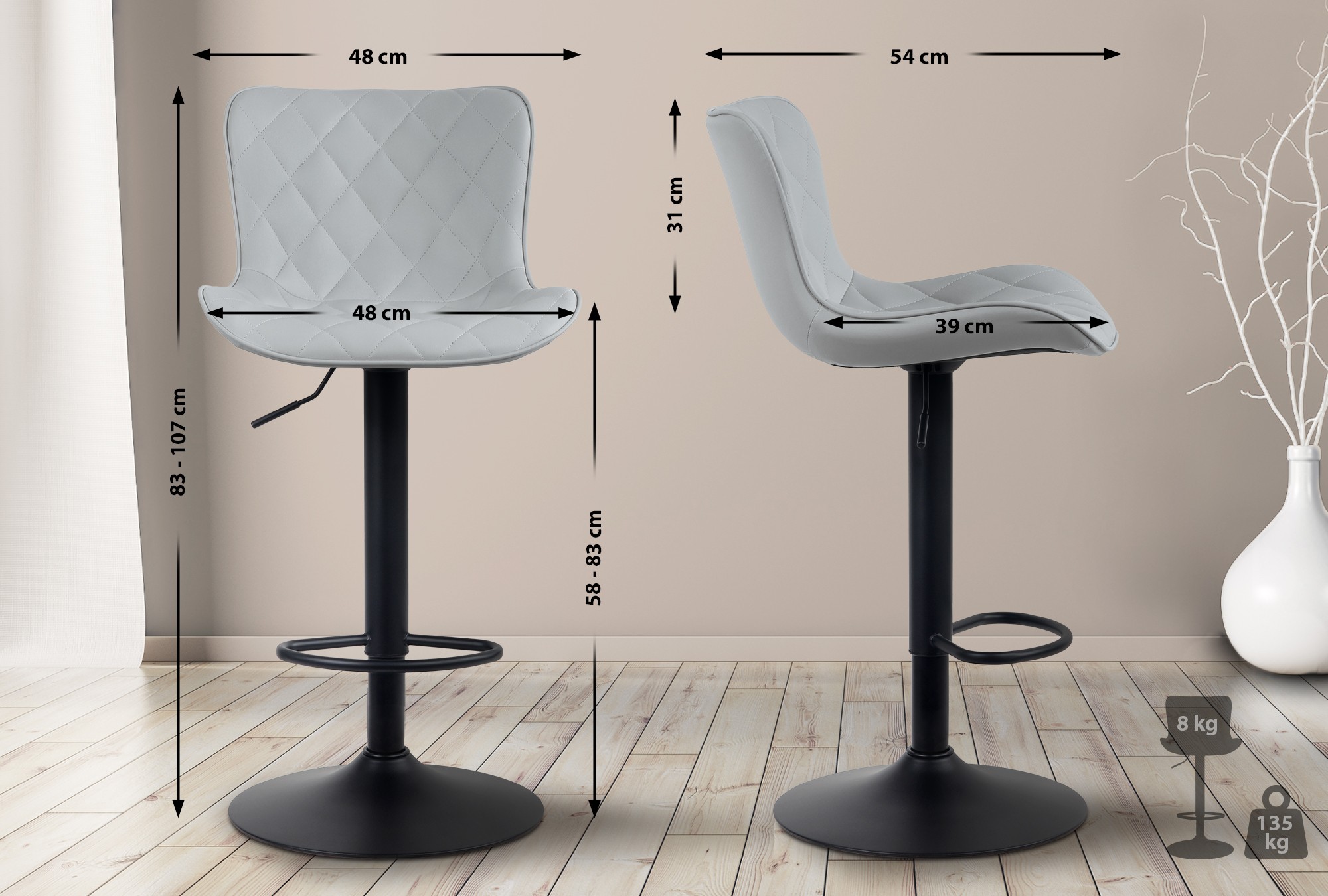 Tabouret de bar Emma Pied en Métal Hauteur réglable Siège pivotant