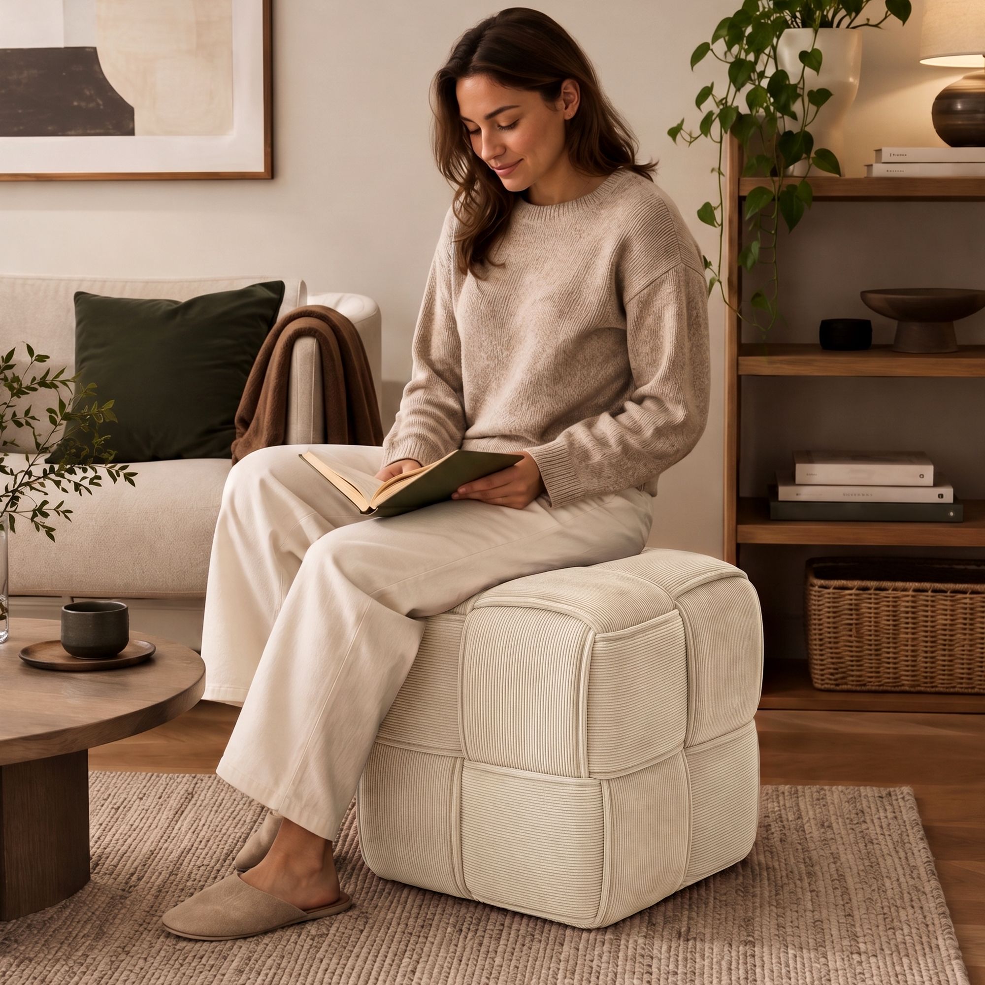 Pouf Forinta en velours côtelé