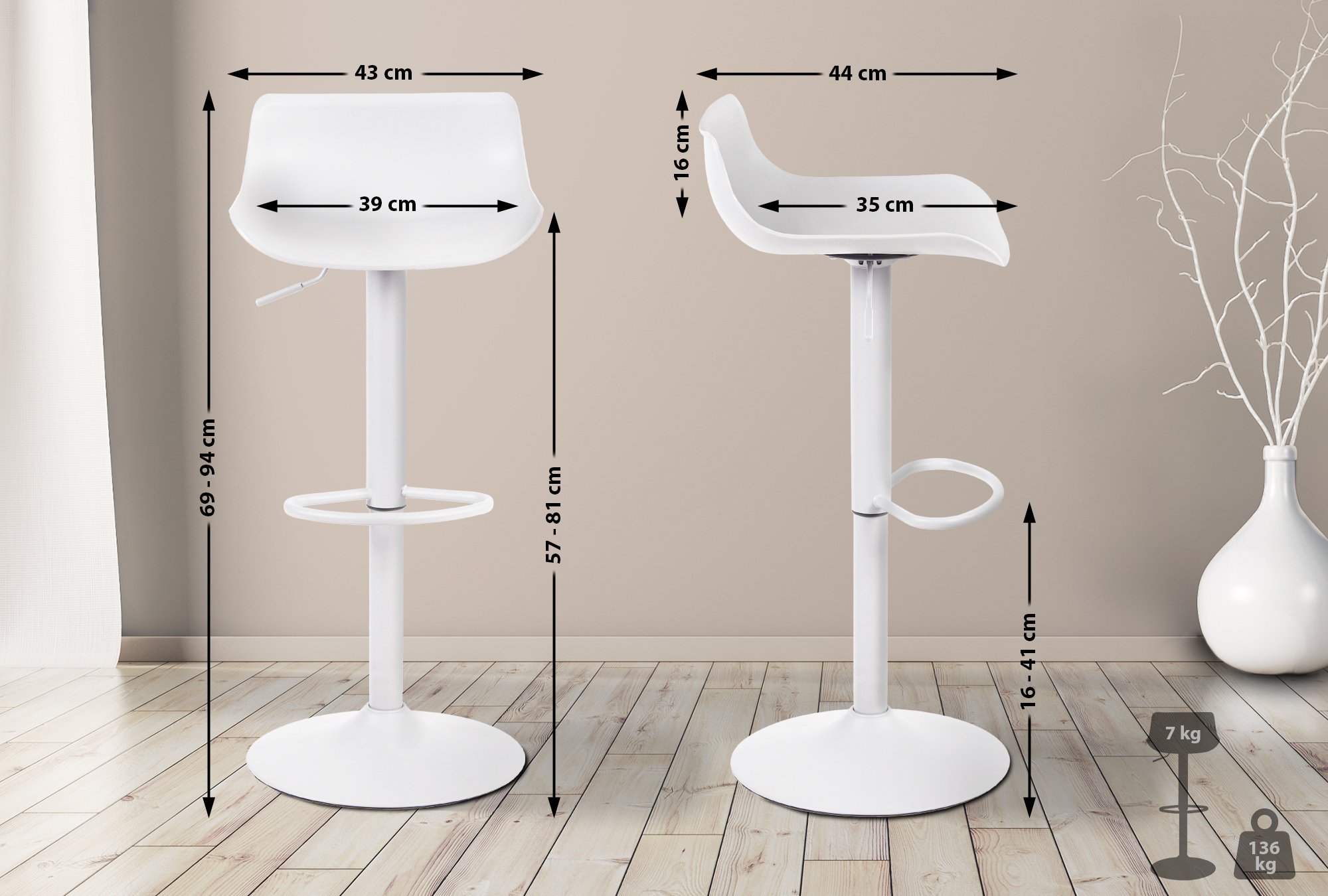 Tabouret de bar Aveiro pivotant avec réglage de la hauteur
