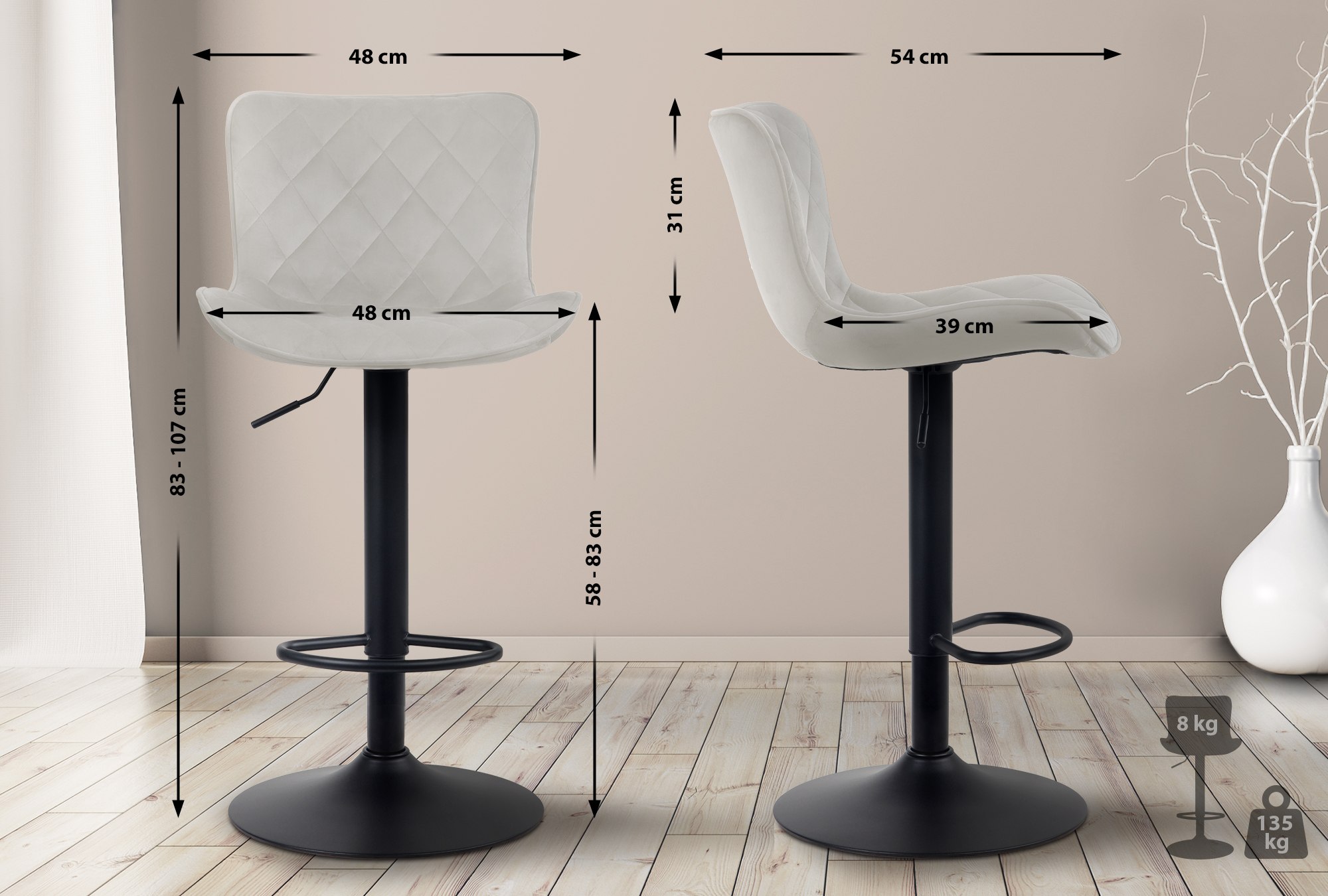 Lot de 2 Tabourets de bar Emma Pied Métal Hauteur Réglable Pivotant