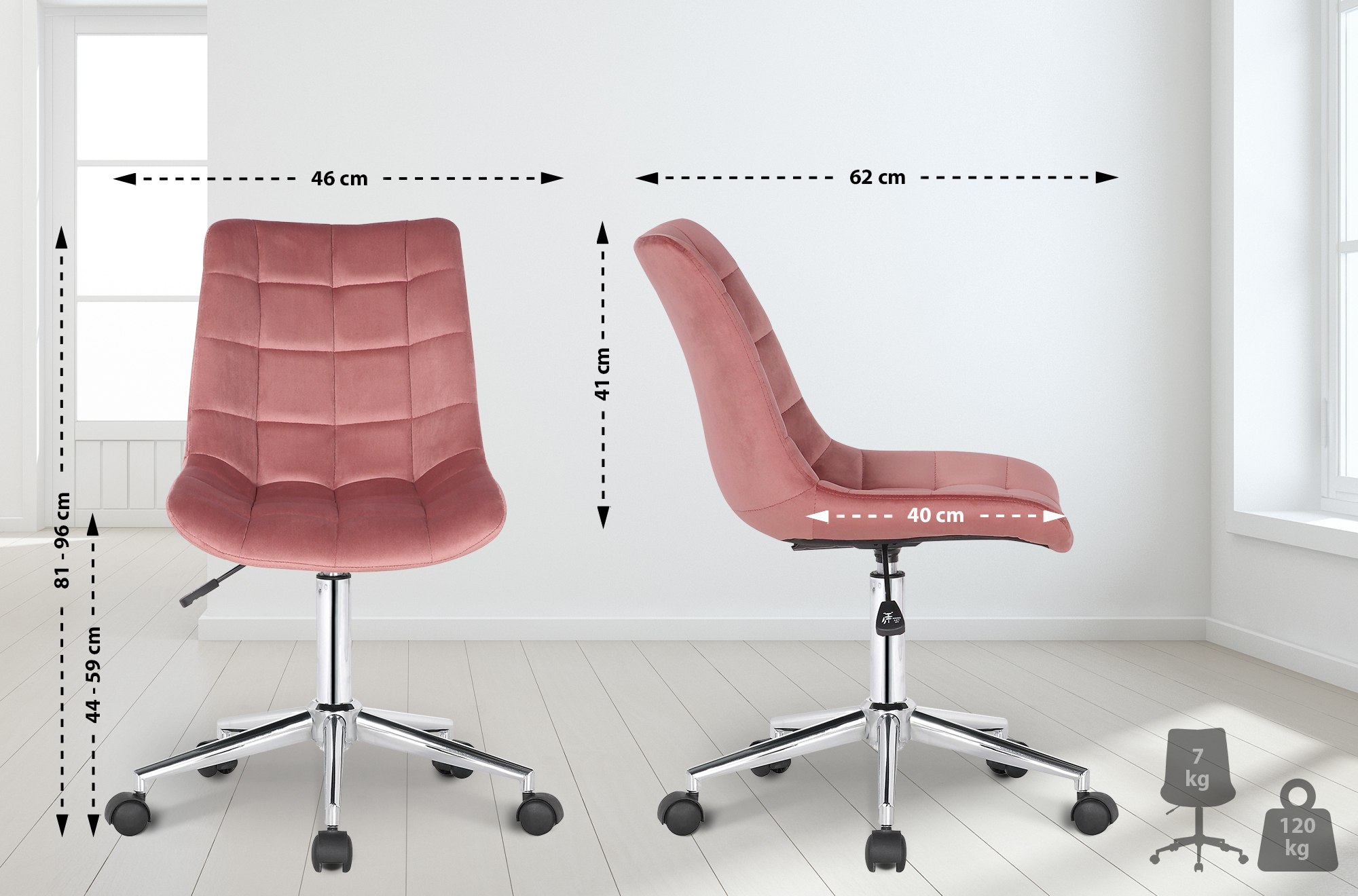 Chaise de bureau pivotant Medford en Velours avec Hauteur ajustable et Roulettes