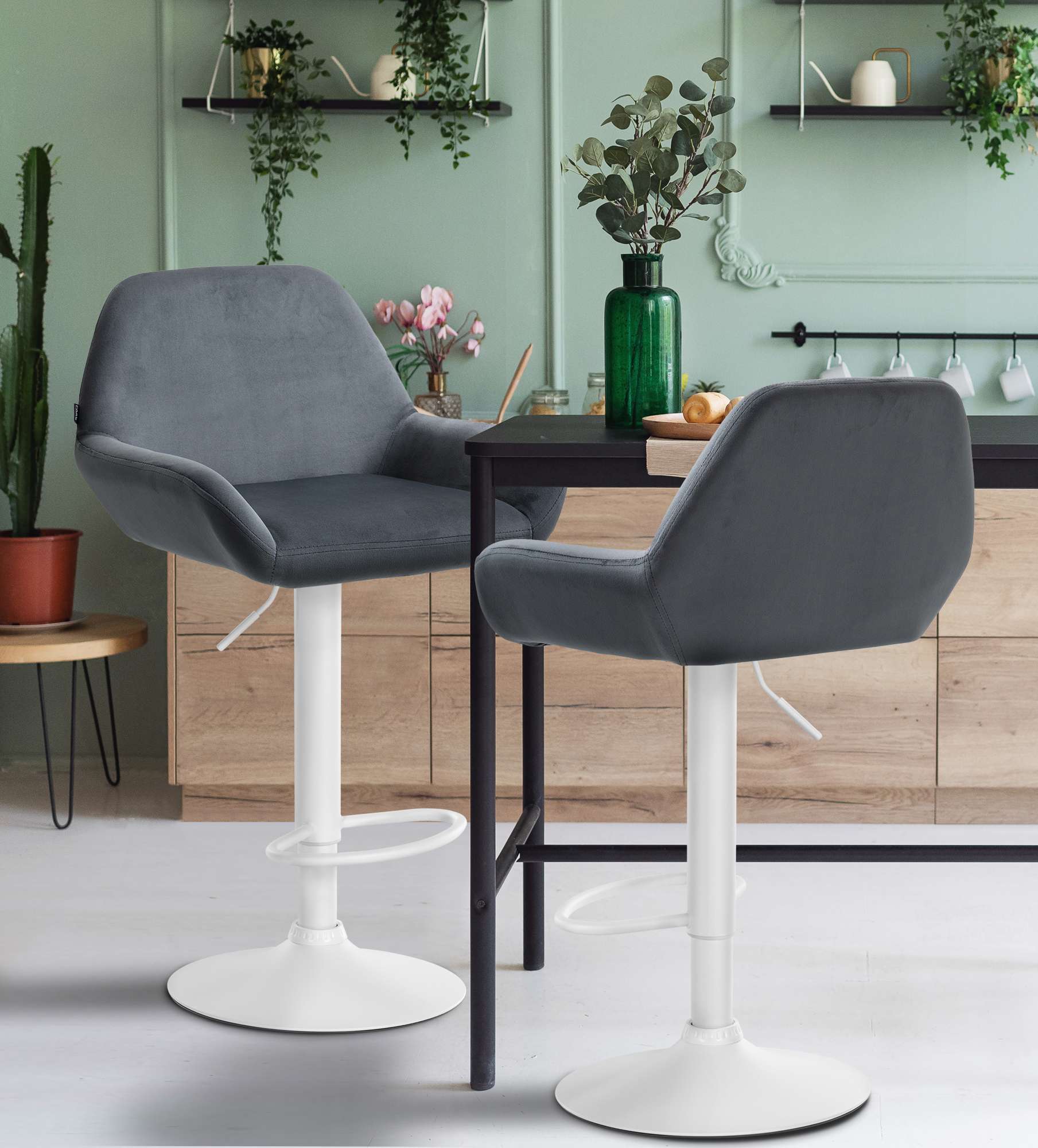 Tabouret de bar Braga Velours avec pied en métal réglable et pivotant