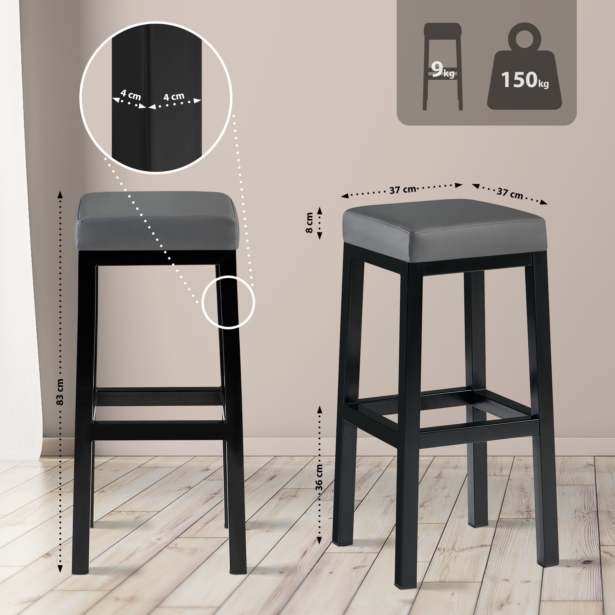 Tabouret de bar Taylor hauteur d'assise 83 cm piètement métal noir