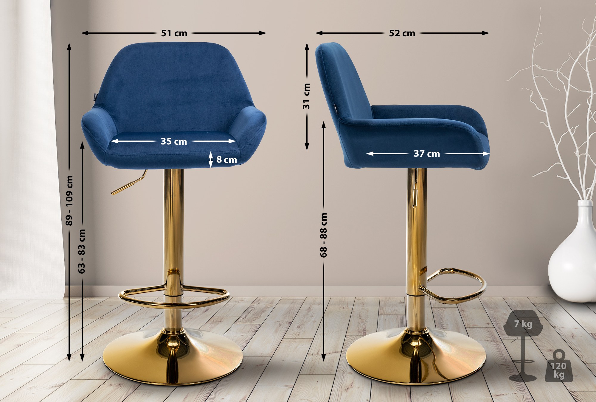Tabouret de bar Braga or velours