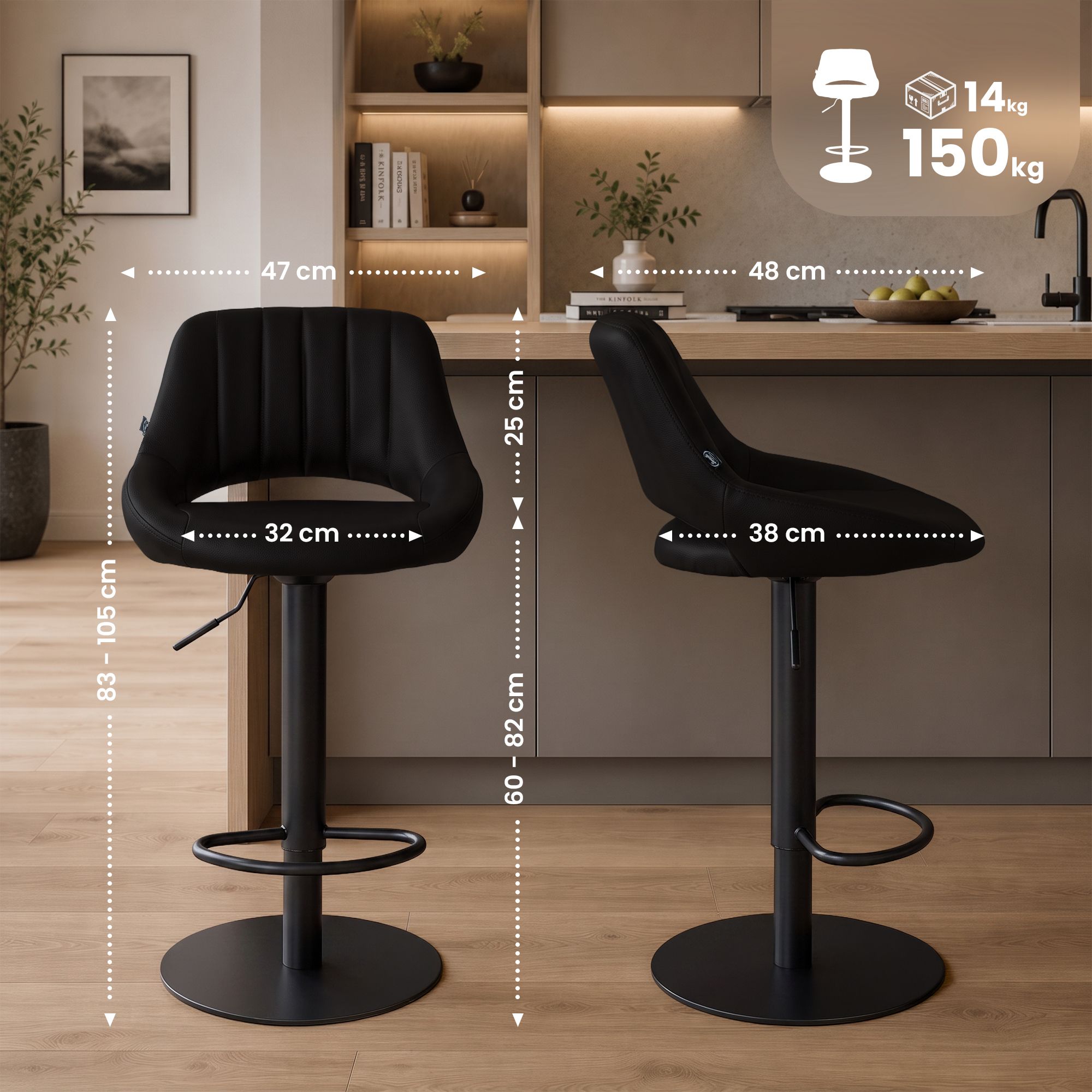 Lot de 2 tabourets de bar Milet noirs avec bases extra lourdes