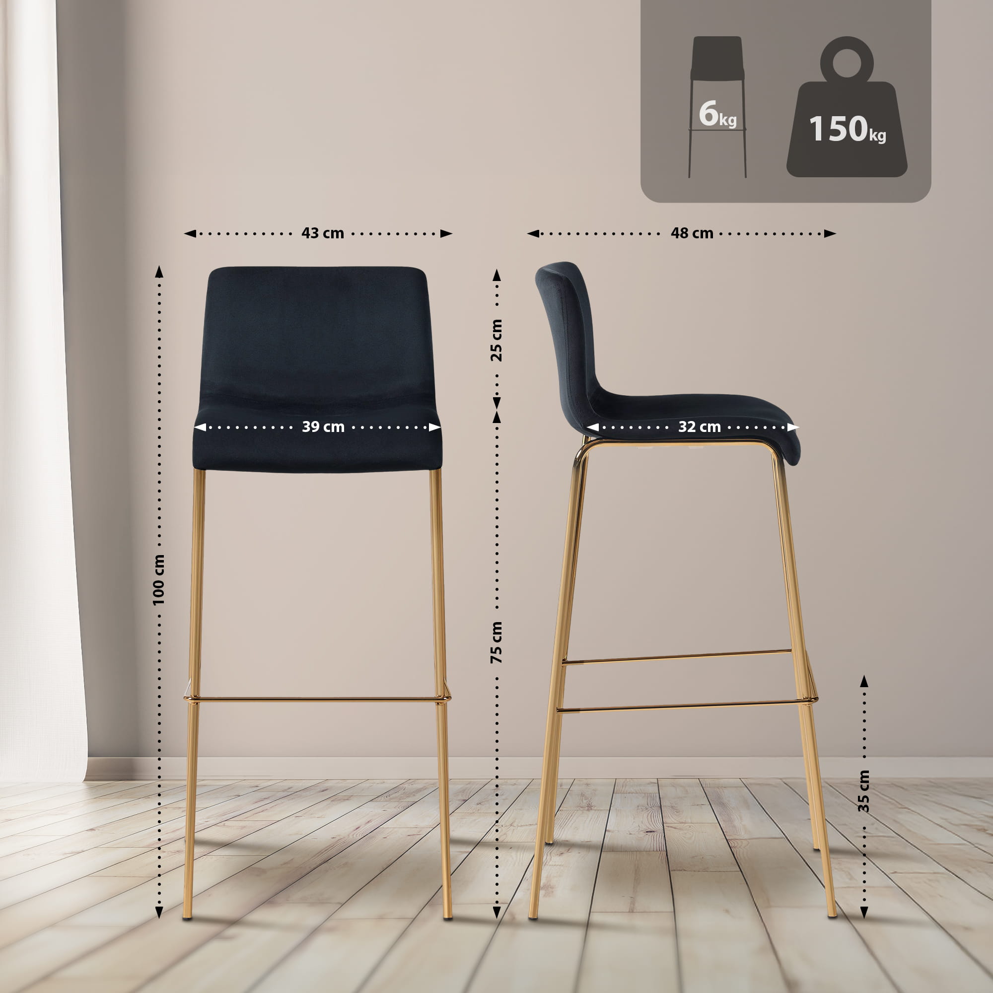 Tabouret de bar Hoover velours piètement 4 pieds or