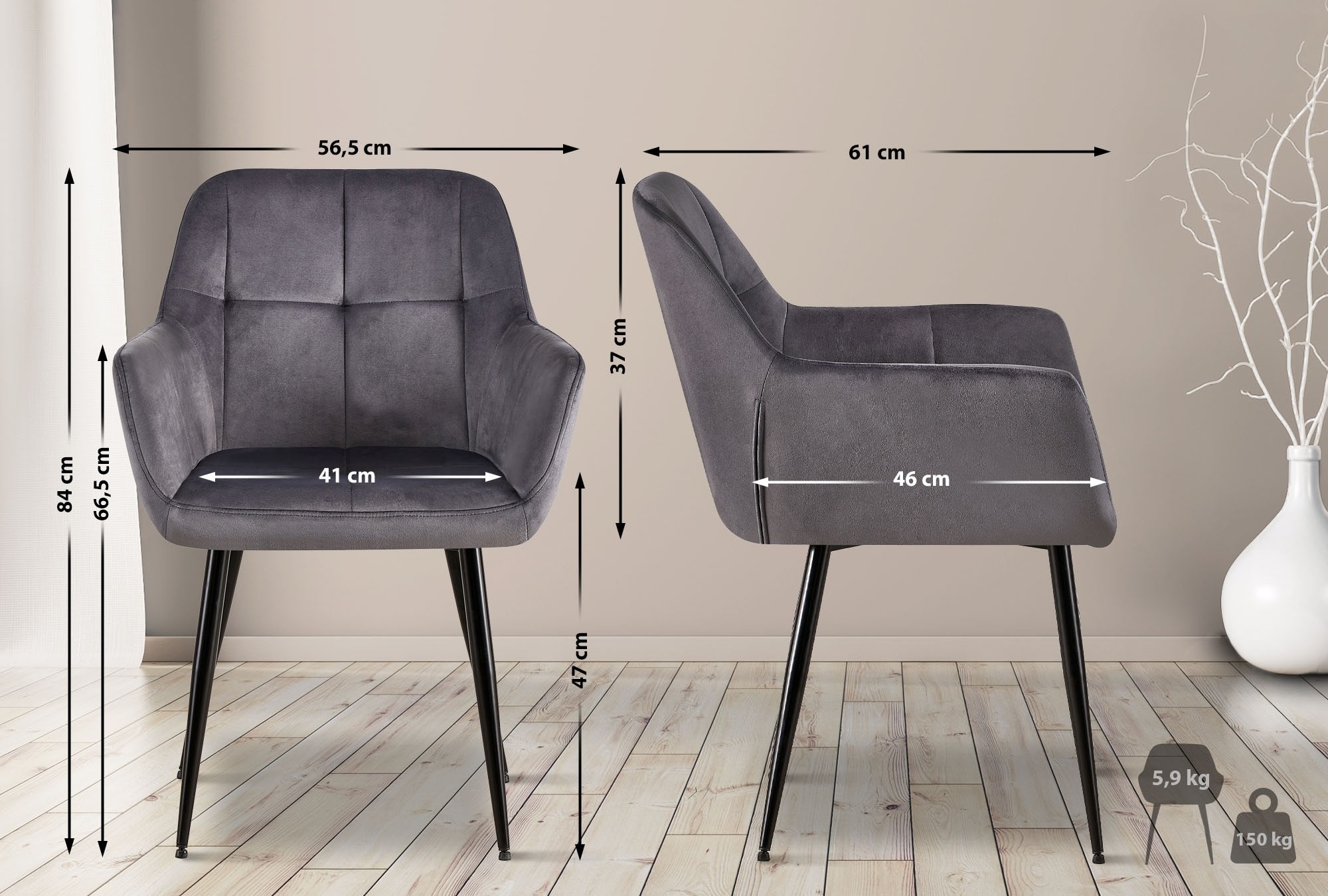 Lot de 2 chaises de salle à manger Emia velours