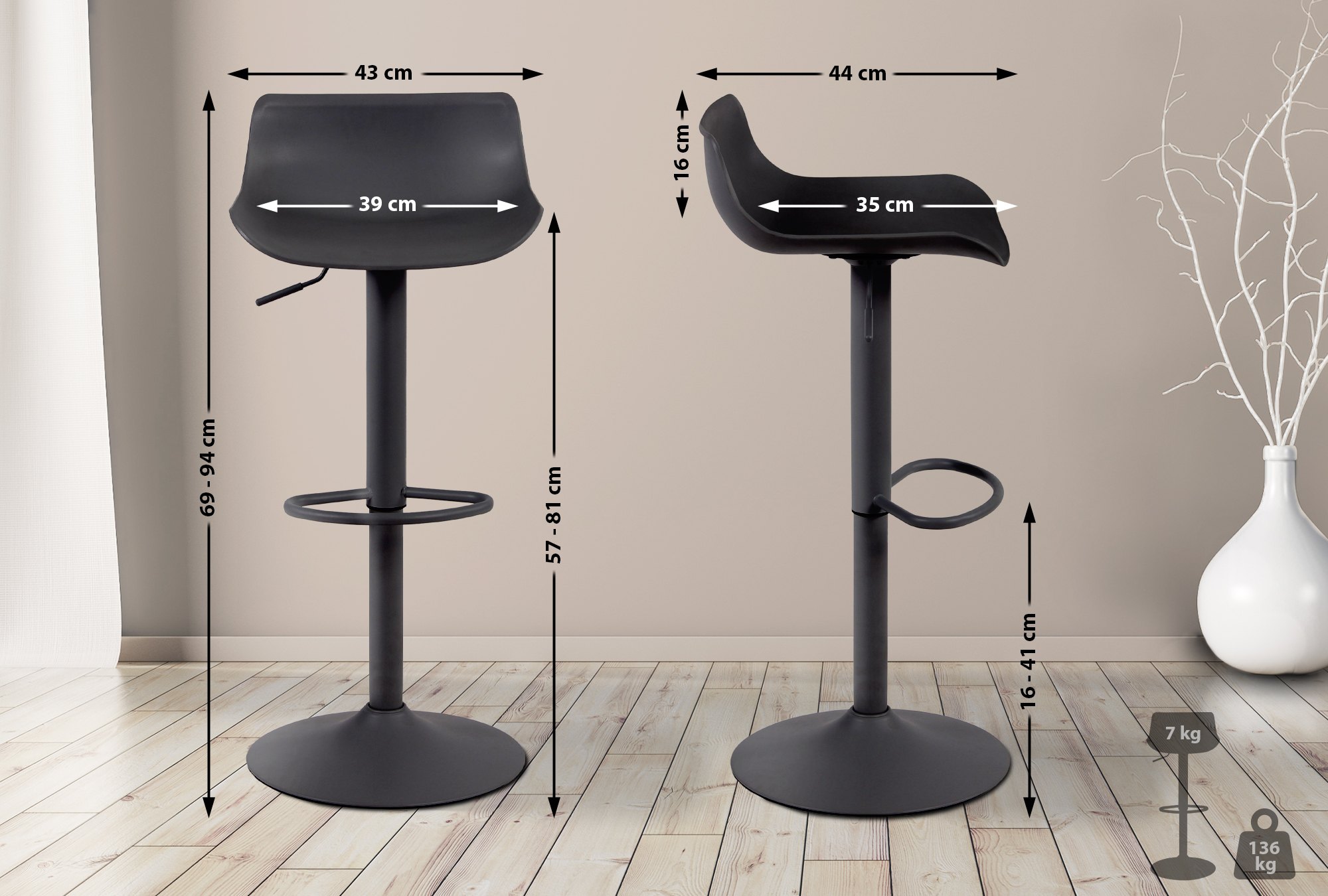 Tabouret de bar Aveiro pivotant avec réglage de la hauteur