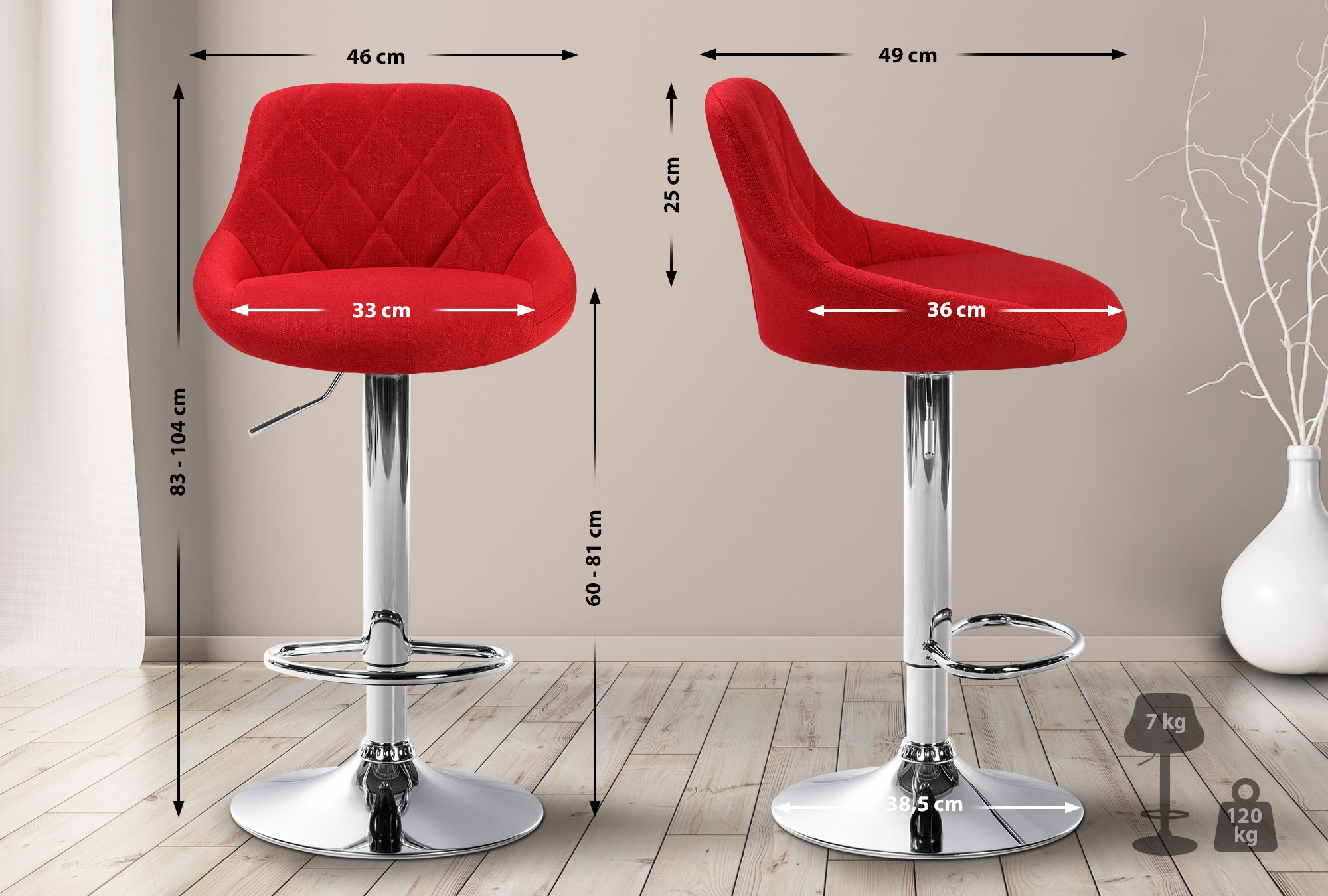 Tabouret de bar Lazio en Tissu Hauteur réglable siège pivotant