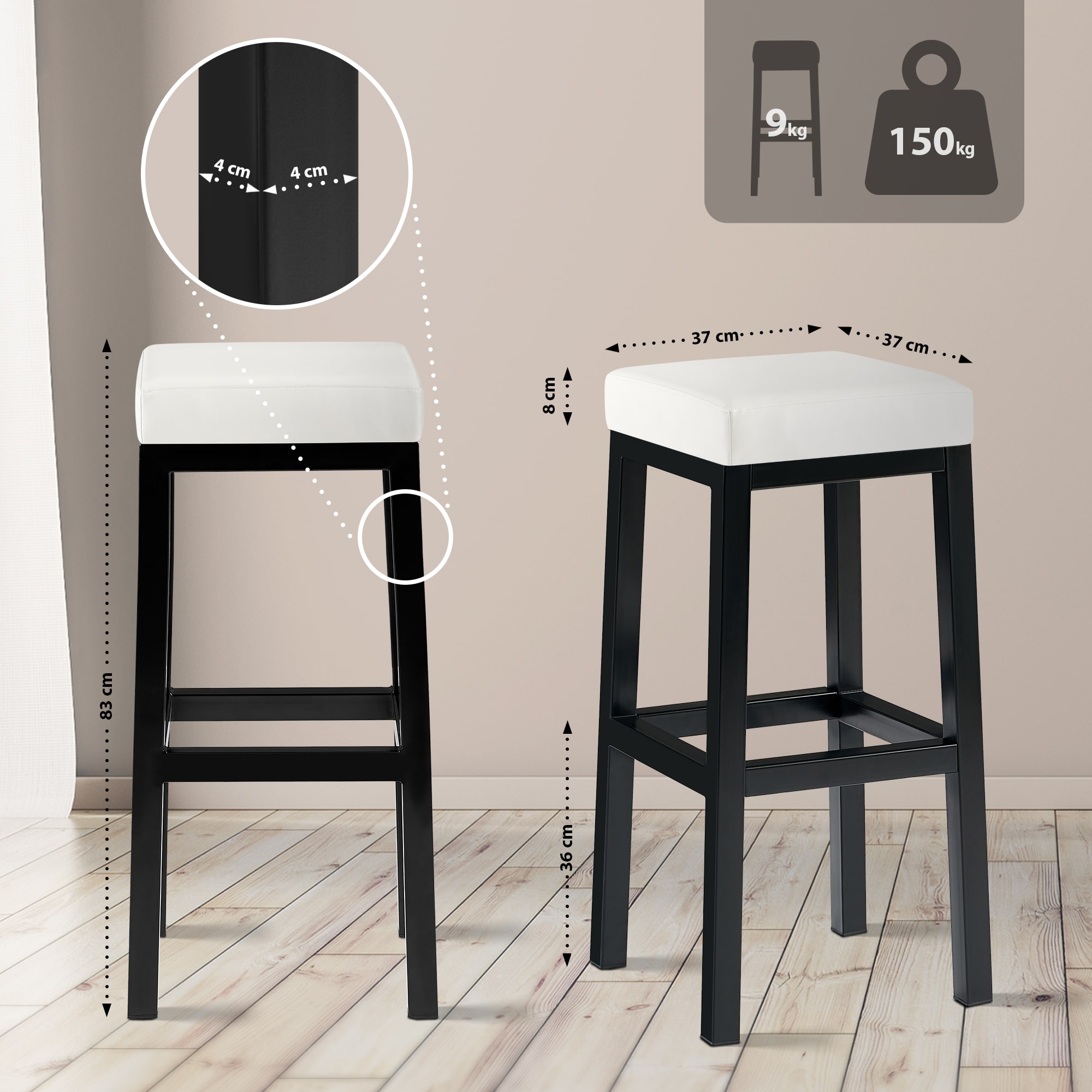 Tabouret de bar Taylor hauteur d'assise 83 cm piètement métal noir