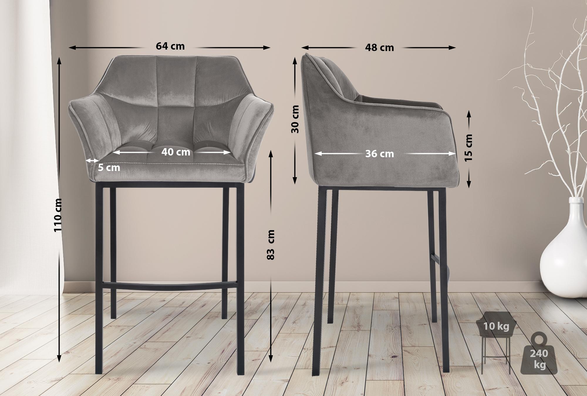 Lot de 2 tabourets de bar Damaso en velours avec piètement à quatre pieds