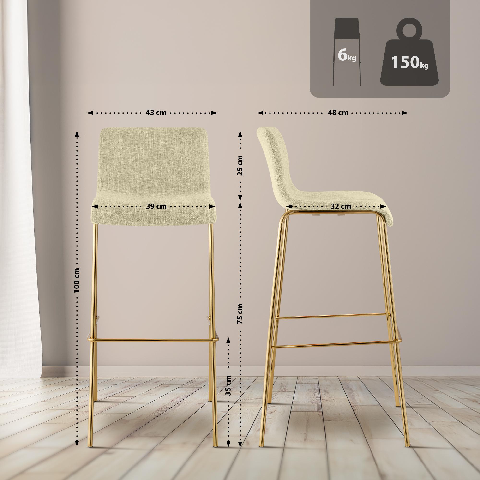 Lot de 2 Tabourets de bar Hover en tissu, piètement quatre pieds doré